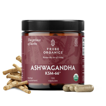 TRIBE ORGANICS Ashwagandha KSM 66 Pure Organic Root Powder Extract Ayurvedic Supplement - Focus, Mood Support, Increase Energy, Strength, 600mg of Natural KSM66 TRIBE ORGANICS Au supplements