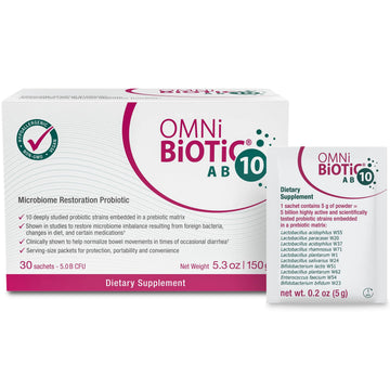 OMNi BiOTiC AB 10 - Clinically Tested Restorative Probiotic - Supports & Restores Gut Flora & Digestion - Digestive Probiotic for Diarrhea - Vegan, Hypoallergenic, Non-GMO (30 Daily Packets) OMNi BiOTiC Au supplements