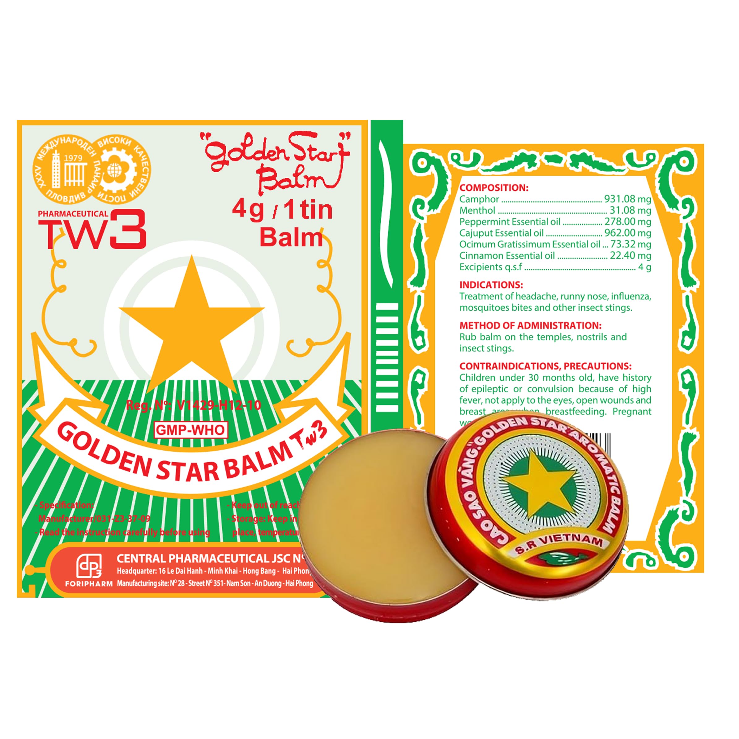 Golden Star Aromatic Balm (Pack of 8) - Authentic Vietnamese Cao Sao Vang - Support Fast Relief for Headaches, Muscle Pain, Colds, & Insect Bites - Natural Essential Oils - Travel Size 4g Tins Pharmaceutical TW3 Au supplements
