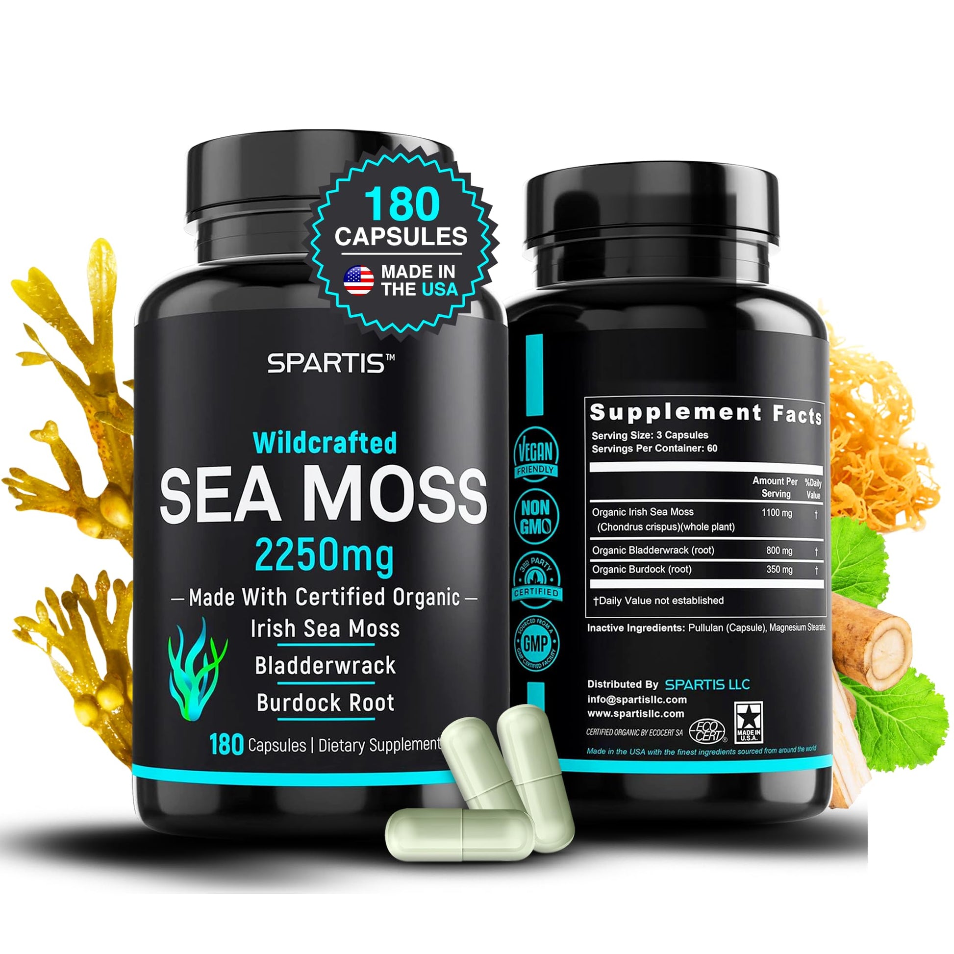 SPARTIS Certified Organic Sea Moss Capsules 2250mg Wildcrafted Irish Sea Moss Burdock Root Bladderwrack Supplement Raw Seamoss Pills & Powder (Pack of 1 at 180-Caps) SPARTIS Au supplements