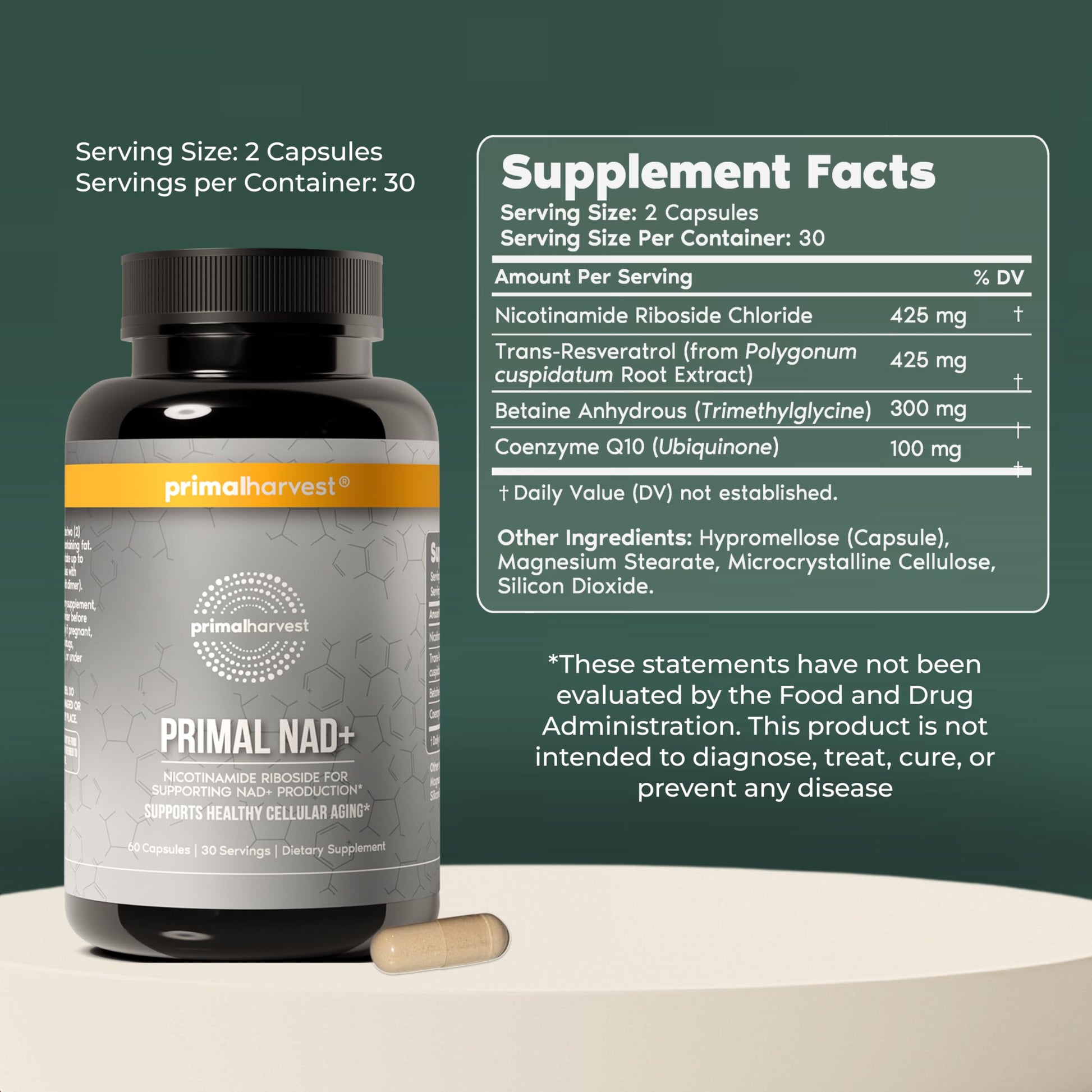 Primal Harvest NAD+ Supplement: Nicotinamide Riboside, Trans-Resveratrol, Betaine, CoQ10, NAD Supplements for Cellular Health, Energy, and Mitochondrial Support Primal Harvest Au supplements
