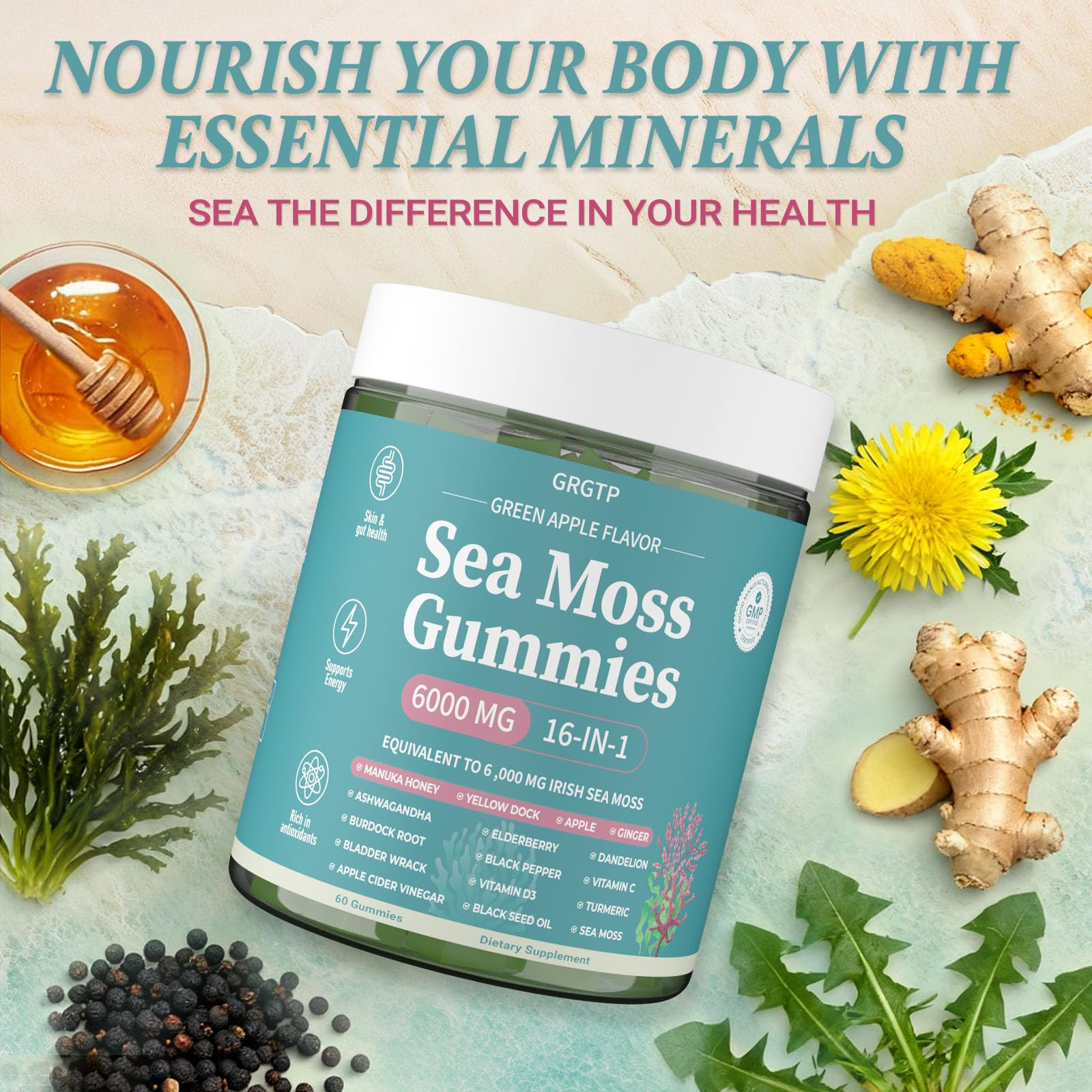 Sea Moss Gummies 16-in-1 - Ashwagandha Black Seed Oil Bladder Wrack Turmeric Vitamin C & D3 with Manuka Burdock Root Dandelion Yellow Dock Natural Detox & Liver Health Immune Support, Energy Boost GRGTP Au supplements