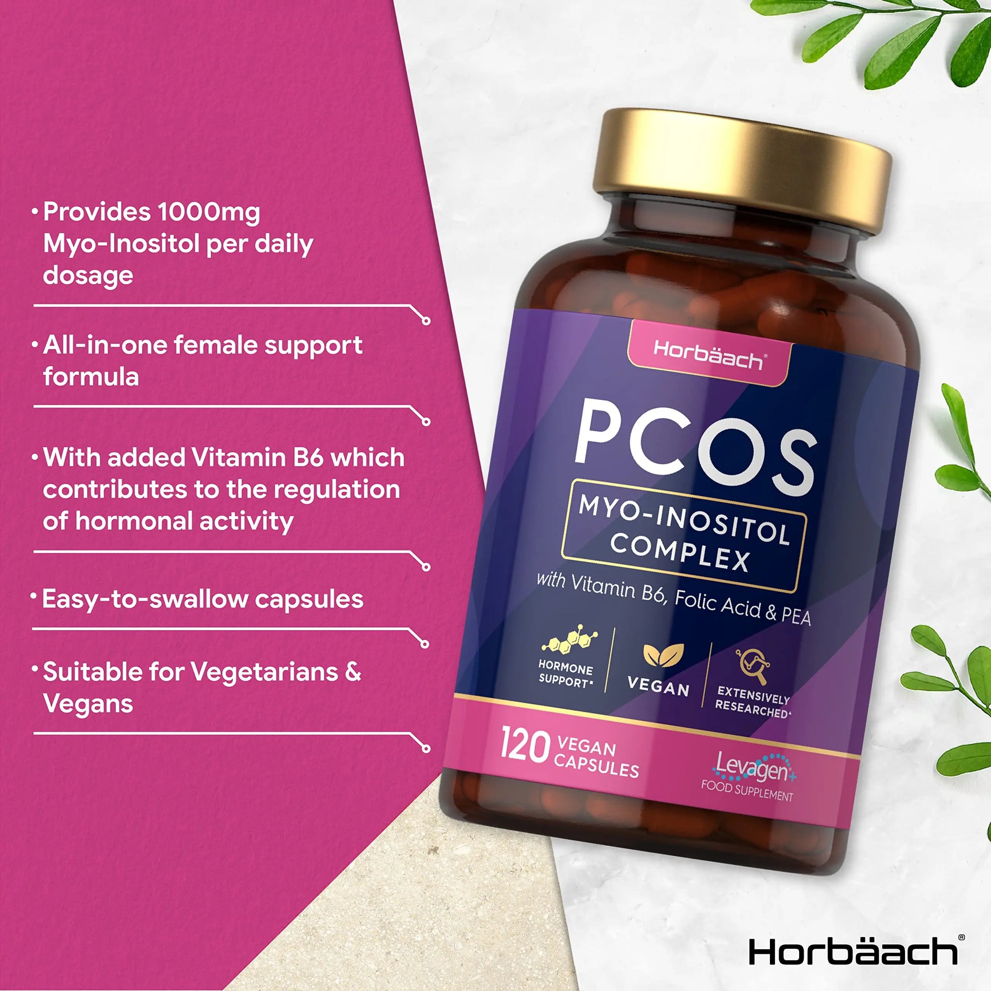 Inositol Supplement for PCOS | 120 Vegan Capsules | Myo-Inositol Complex with Folic Acid Horbäach Au supplements