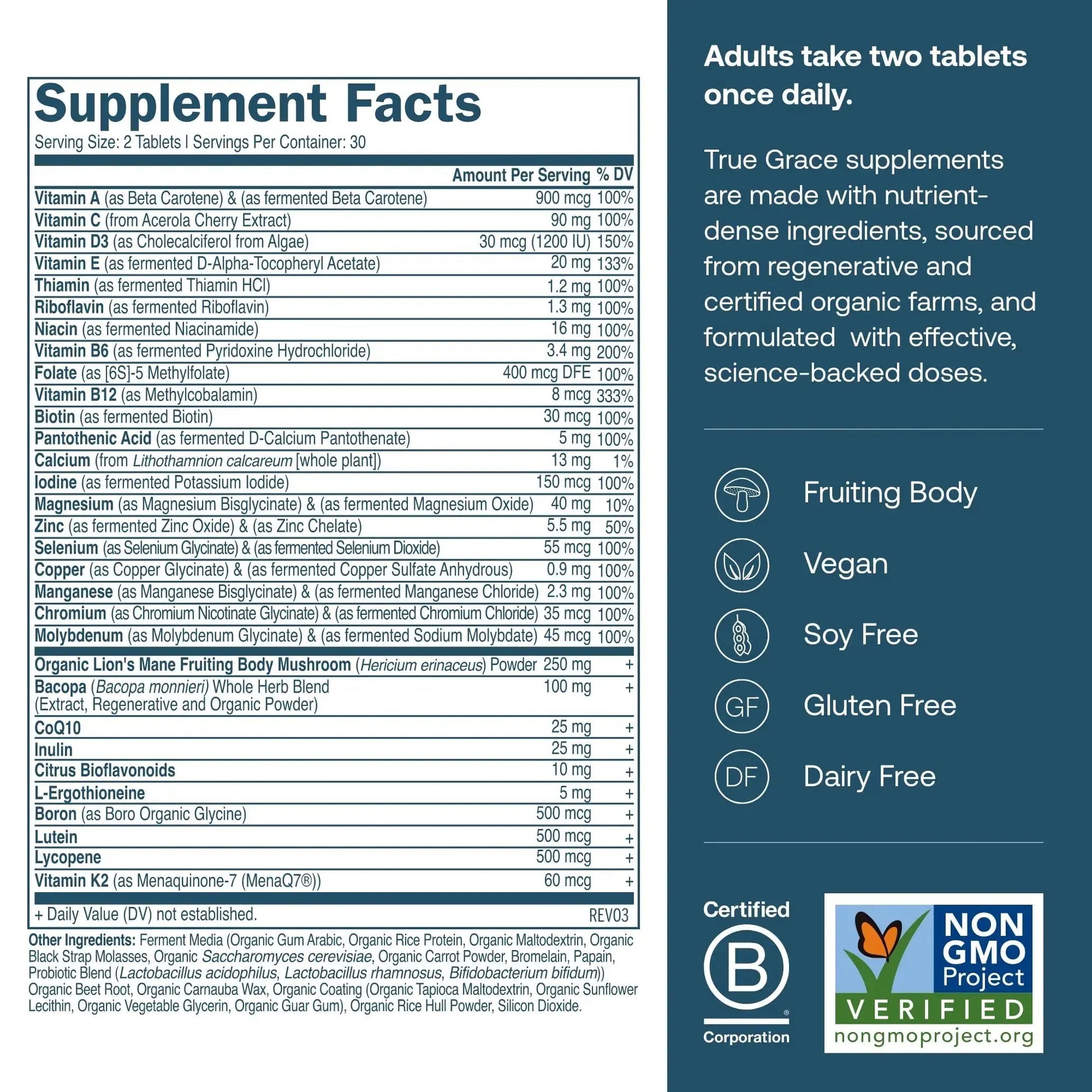 True Grace Daily Men’s Multivitamin 50+ - 60 Easy-to-Swallow Tablets - Immune, Energy, Longevity & Memory Support True Grace Au supplements