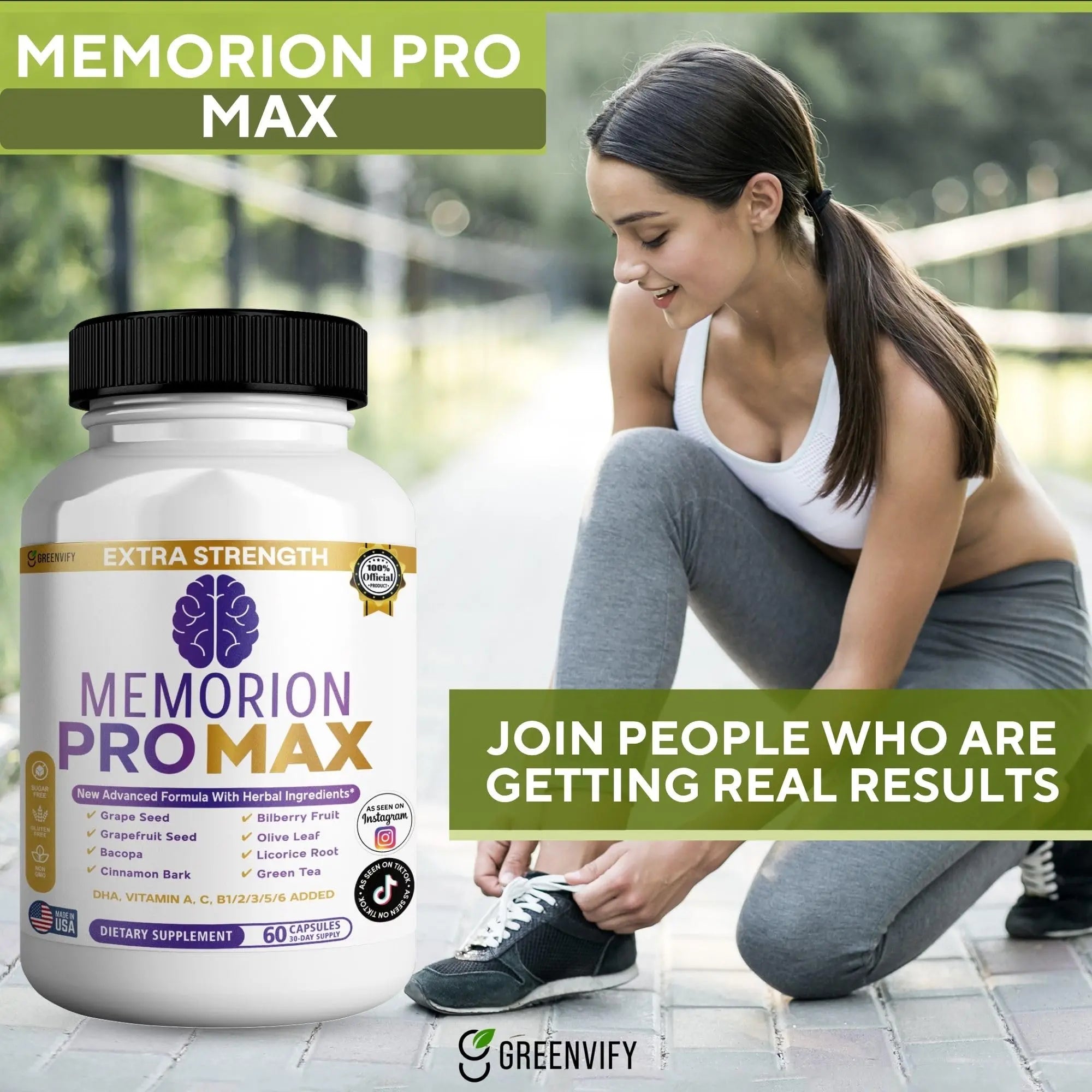 GREENVIFY Memorion Pro Max Extra Strength Brain Support Supplement, 60 Capsules, with DHA, Vitamins, Herbal Blend, 30-Day Supply (1) GREENVIFY Au supplements