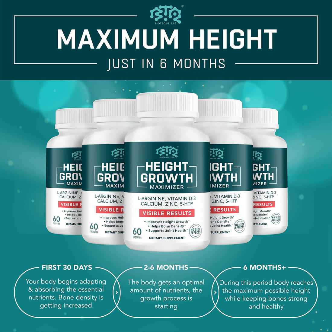 BIOTEQUELAB Height Growth Maximizer, Calcium, Vitamin D3 and Zinc Blend Pills, Bone Growth Supplement for Kids and Teens, Bone Strength, Density Support, GMO-Free, Gluten-Free, Made in USA, 60 Caps BTQ BIOTEQUE LAB Au supplements