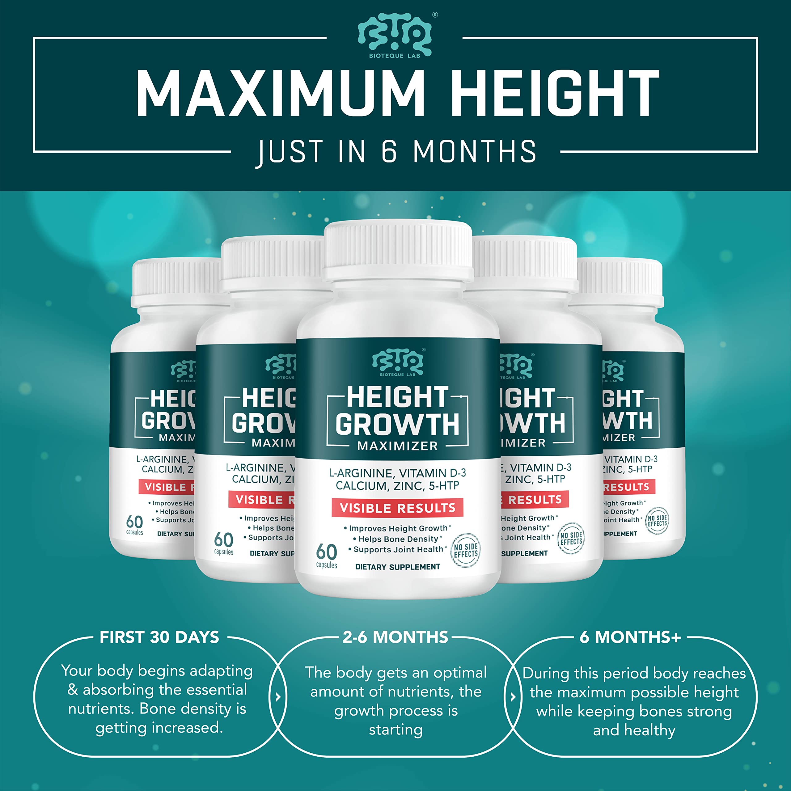 BIOTEQUELAB Height Growth Maximizer, Calcium, Vitamin D3 and Zinc Blend Pills, Bone Growth Supplement for Kids and Teens, Bone Strength, Density Support, GMO-Free, Gluten-Free, Made in USA, 60 Caps BTQ BIOTEQUE LAB Au supplements