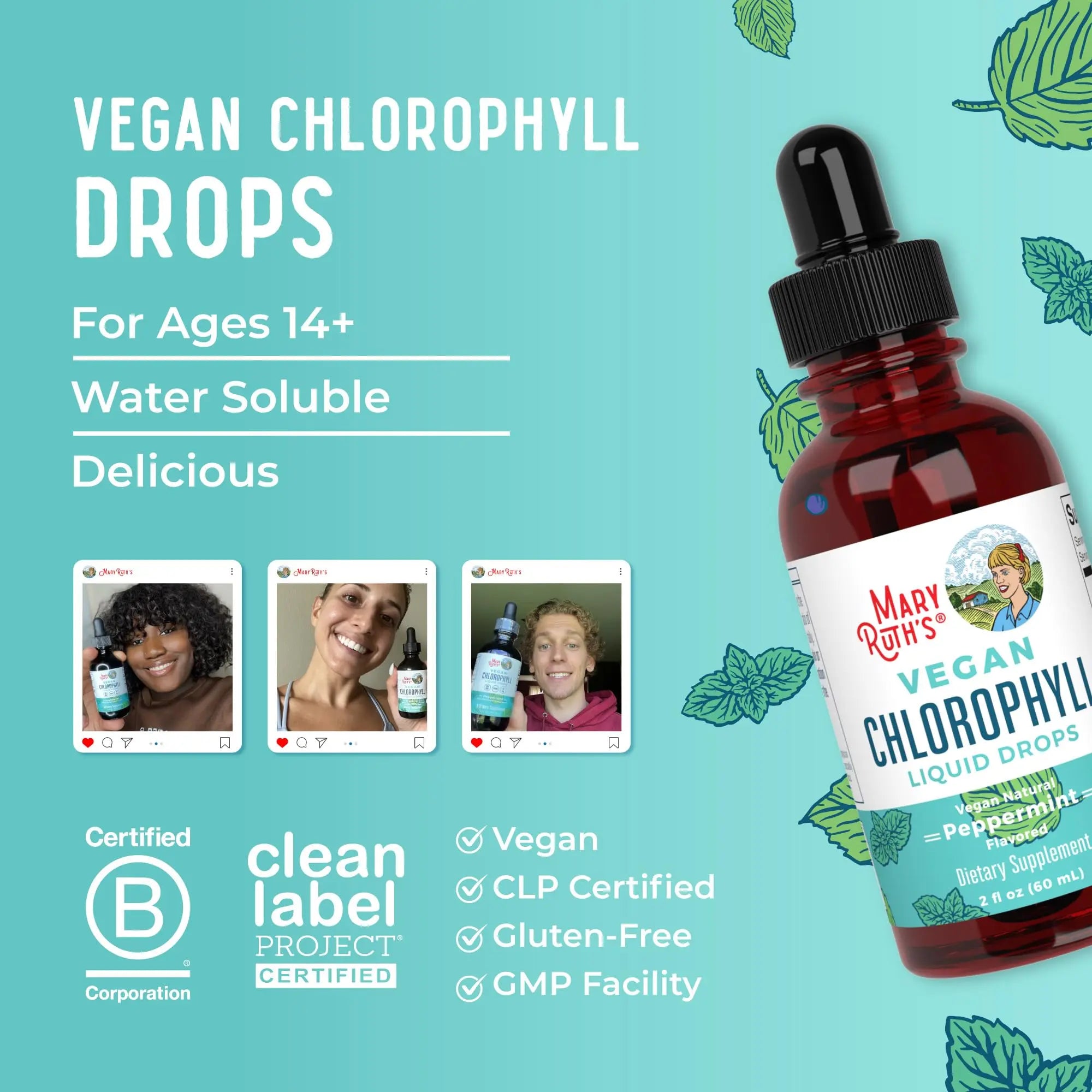 MaryRuth's Chlorophyll Liquid Drops | Clean Label Project Certified® | Vegan | Non-Diluted Liquid Chlorophyll| Mulberry Derived Supplement for Ages 14+ | Non-GMO | Delicious Minty Flavor | 2 Fl Oz MARYRUTH'S Au supplements