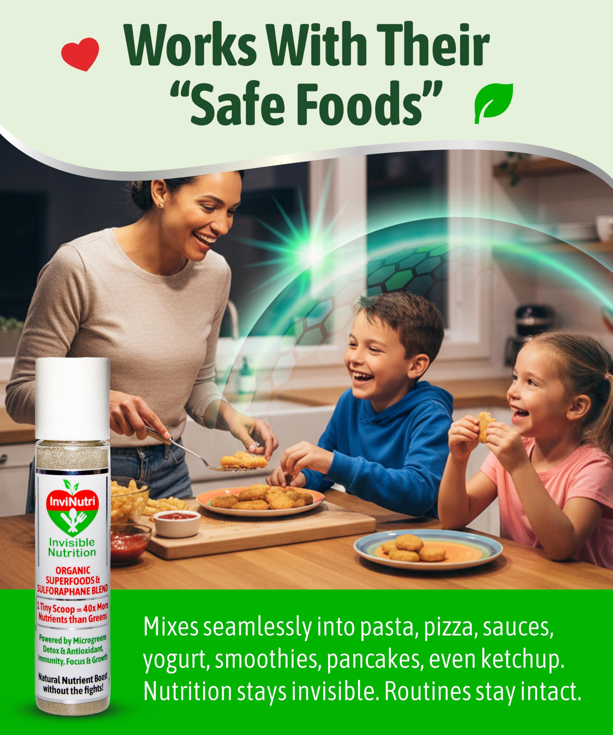 InviNutri Superfood Powder for Sensory & Picky Eaters. A TINY scoop- 40x Nutrient-Rich, 30mg Sulforaphane for Detox. Organic Microgreens, Fruits & Veggies - Blends Invisibly into Most Meals - 24 serv. InviNutri Invisible Nutrition Au supplements