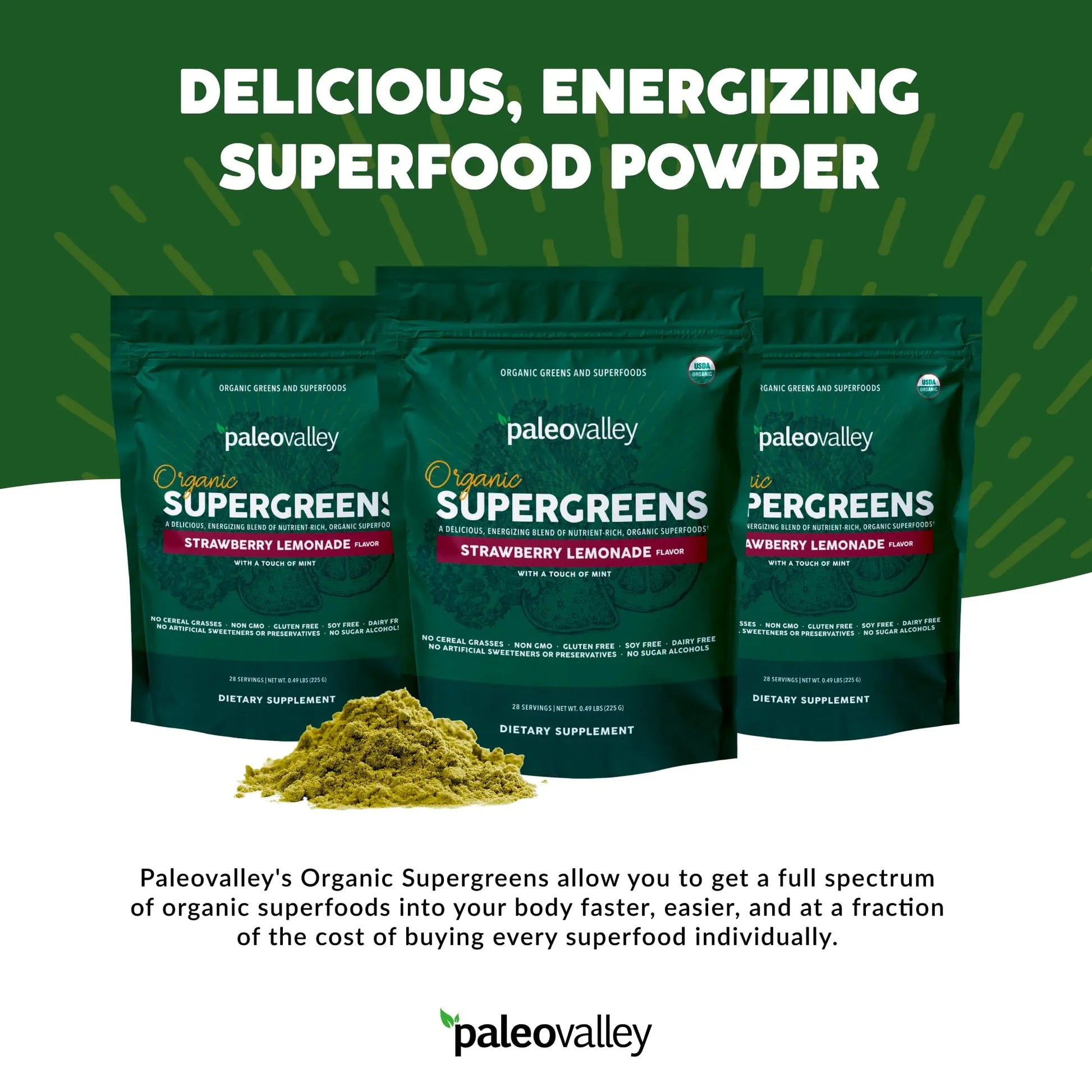 Paleovalley Organic Supergreens - Organic Greens Powder Superfood for Immune Support - Paleo Green Powder Blend - 28 Servings - 23 Superfoods - Gluten Free, No Cereal Grasses, Soy or Grain Paleovalley Au supplements