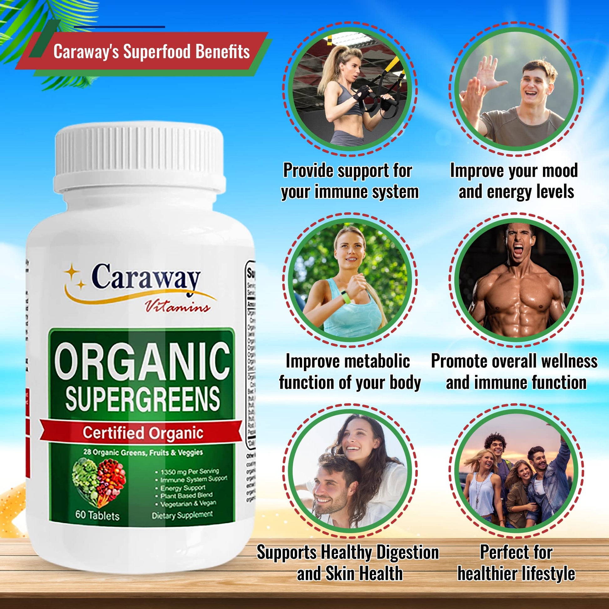 Organic Superfoods Vitamins Super Greens Complex by Caraway Vitamins 1,350 mg per Serving 28 Fruits Vegetables Greens 60 Count Tablets Non-GMO Natural for Men & Women Caraway Vitamins Au supplements