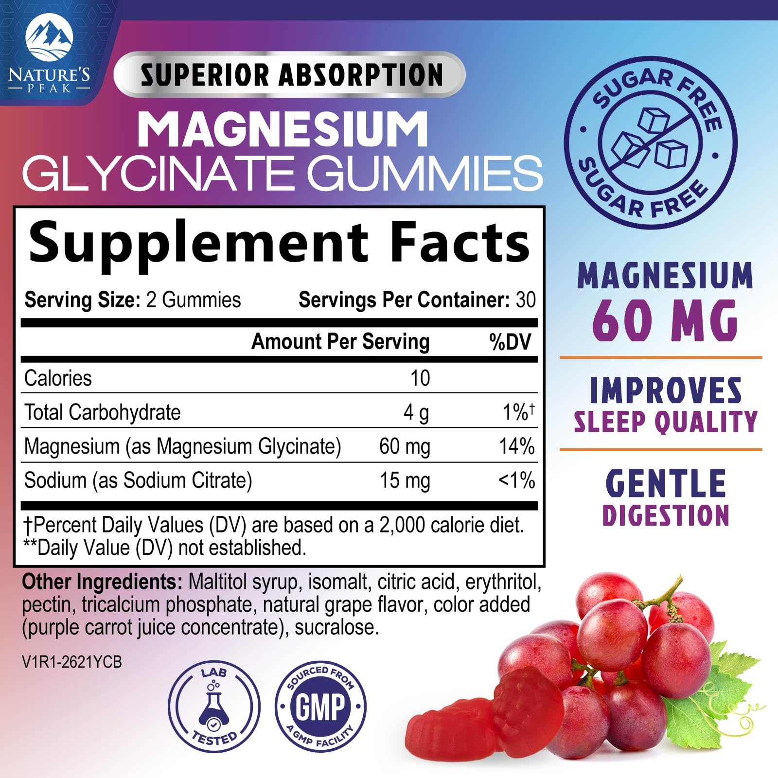 Magnesium Glycinate Gummies - Sugar Free - 100% Chelated Magnesium Gummy Supplement for Max Absorption - for Sleep Support & Heart, Muscle & Bone Health - Gentle on Stomach, Grape Flavor - 60 Gummies Nature's Peak Au supplements