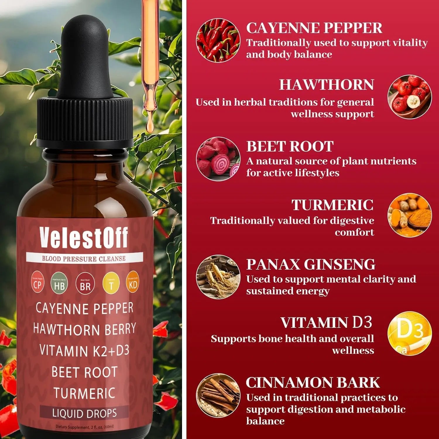 Velestoff Cayenne Pepper | Cayenne Heart & Circulation Blend – Botanical Extracts with Hawthorn, Beet Root, Turmeric, Vitamin K2 & D3 – Daily Wellness Drops (2 fl oz) (2) DFTLUUE Au supplements