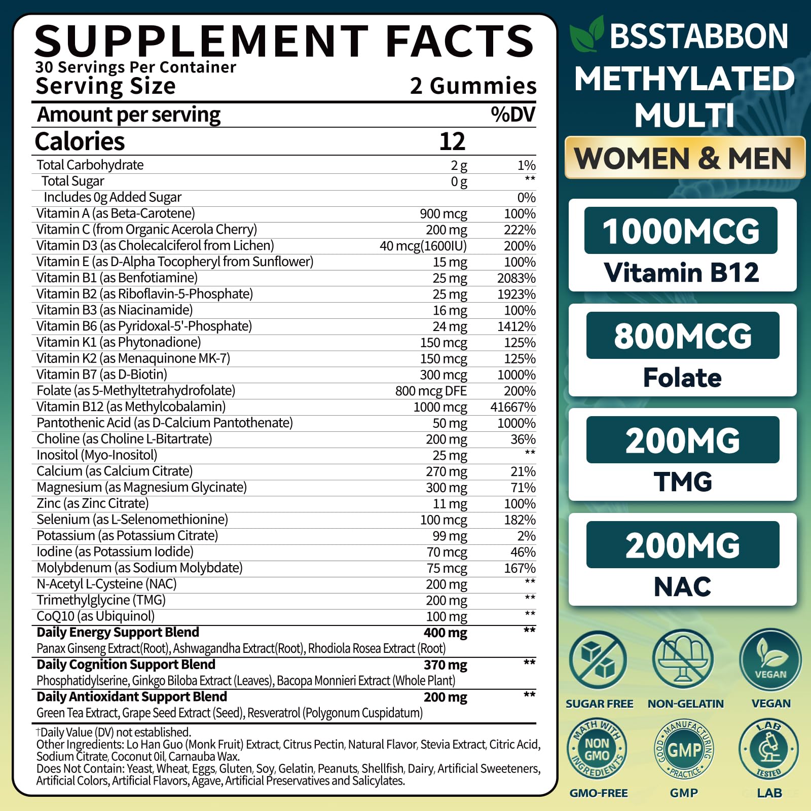 BSSTABBON Methylated Multivitamin for Women Men: Organic Iron Free Multivitamins Gummies plus 5-MTHF Active B12 P5P CoQ10 NAC TMG - Chewable Sugar Free Gummy for Energy Immune Overall Health(120Count) BSSTABBON Au supplements
