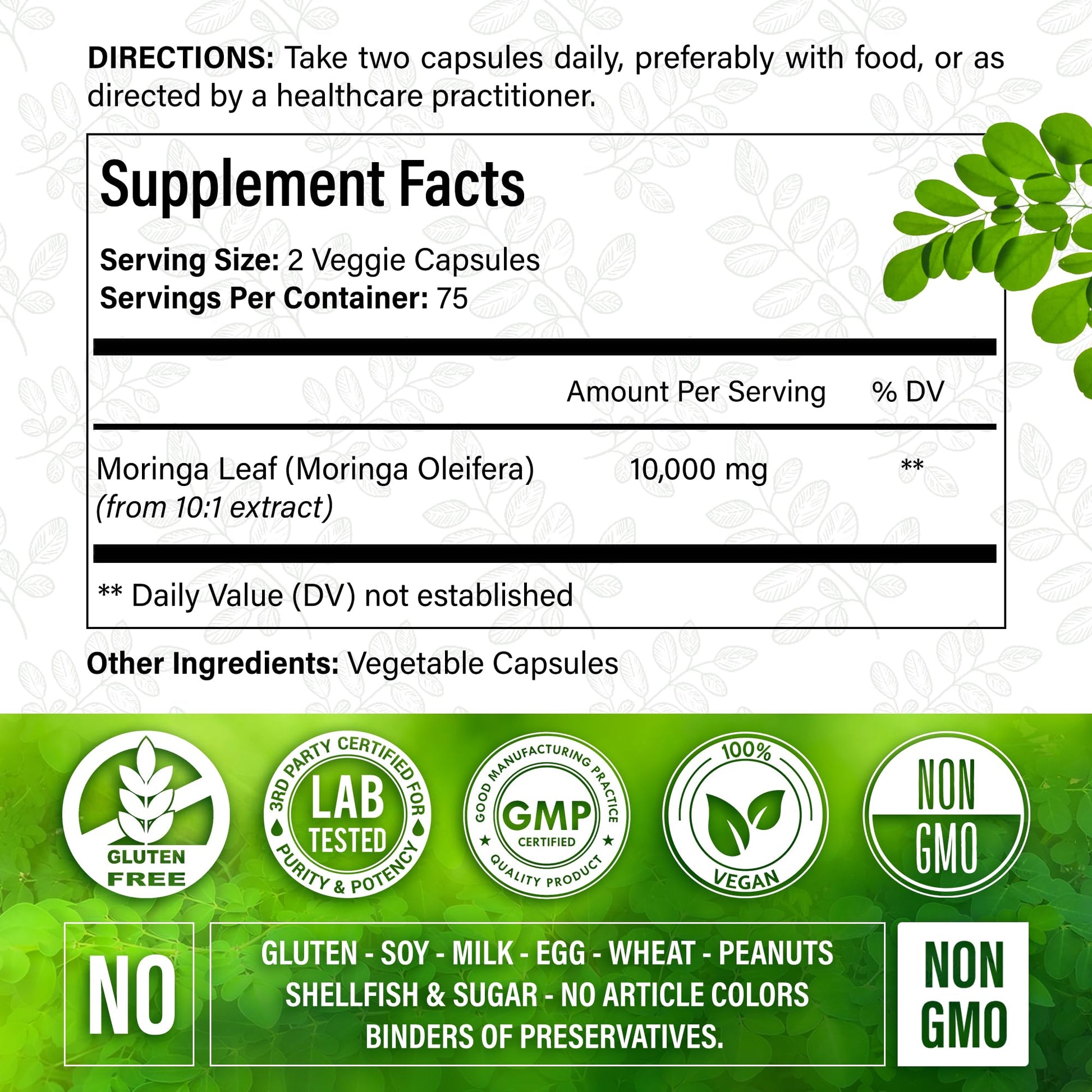 Moringa Capsules| Moringa Oleifera |10,000mg| 150 Capsules| 100% Pure| Non-GMO FitVitality Au supplements
