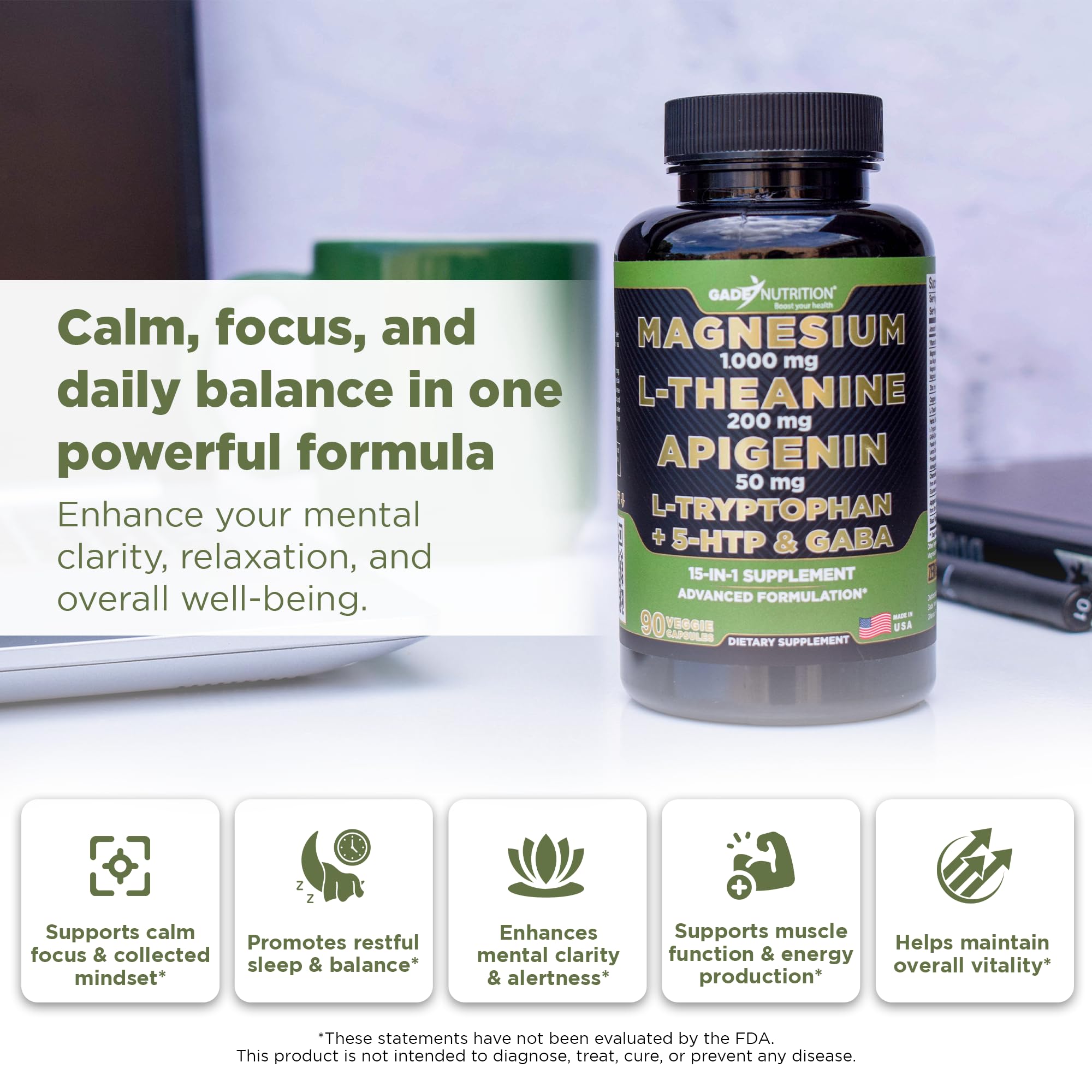 Gade Nutrition Magnesium Glycinate & Magneisum Supplements with Apigenin, L Theanine 200 mg, 5 HTP, GABA Calm Brain Booster Supplement Sleep Aid Ashwagandha L Tryptophan Chamomile GADE NUTRITION BOOST YOUR HEALTH Au supplements