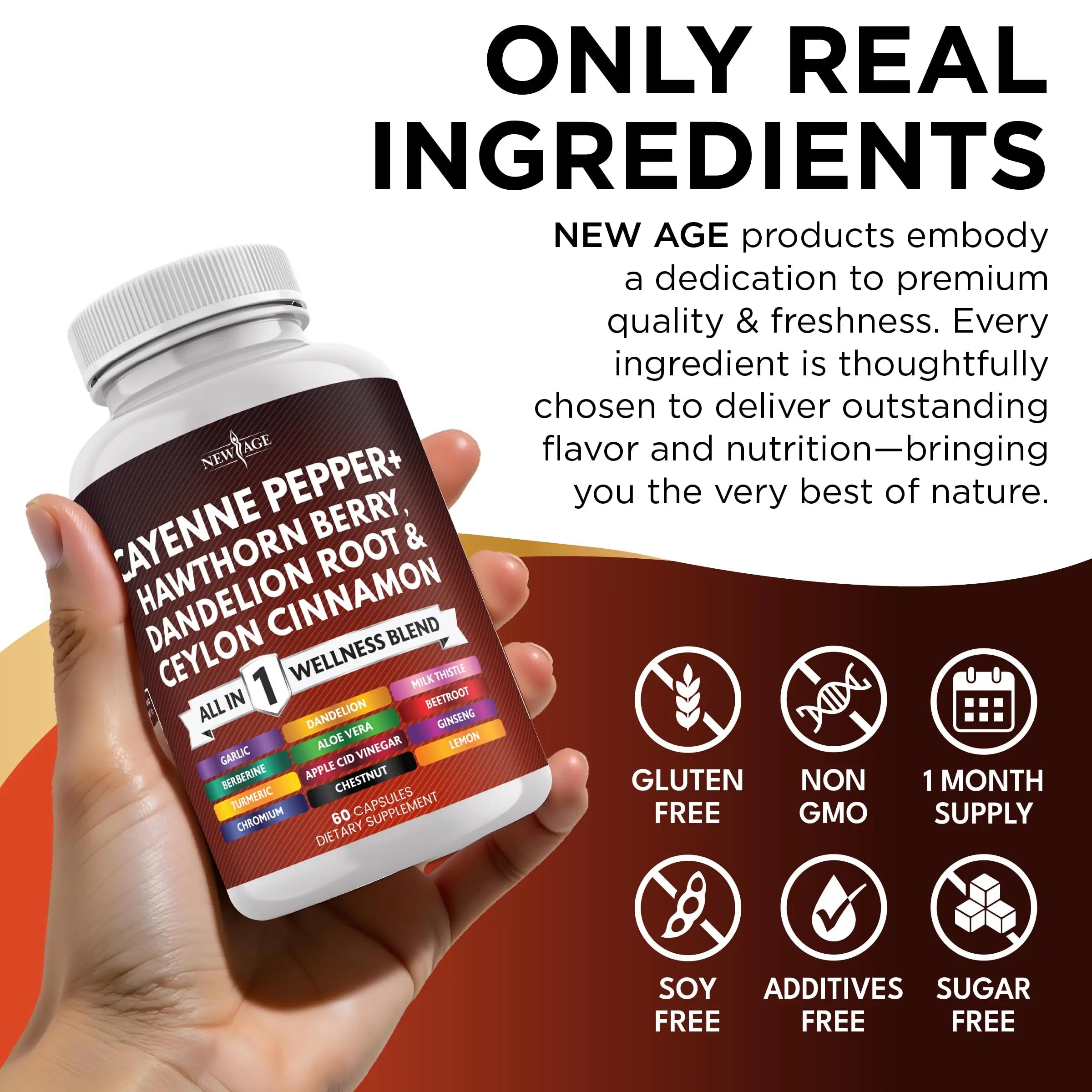 NEW AGE Cayenne Pepper Capsules Supplement with Hawthorn Berry, Dandelion Root, Ceylon Cinnamon, Garlic, Ginger, ACV, Milk Thistle, Beet Root, Aloe Vera - 120 Count NEW AGE Au supplements