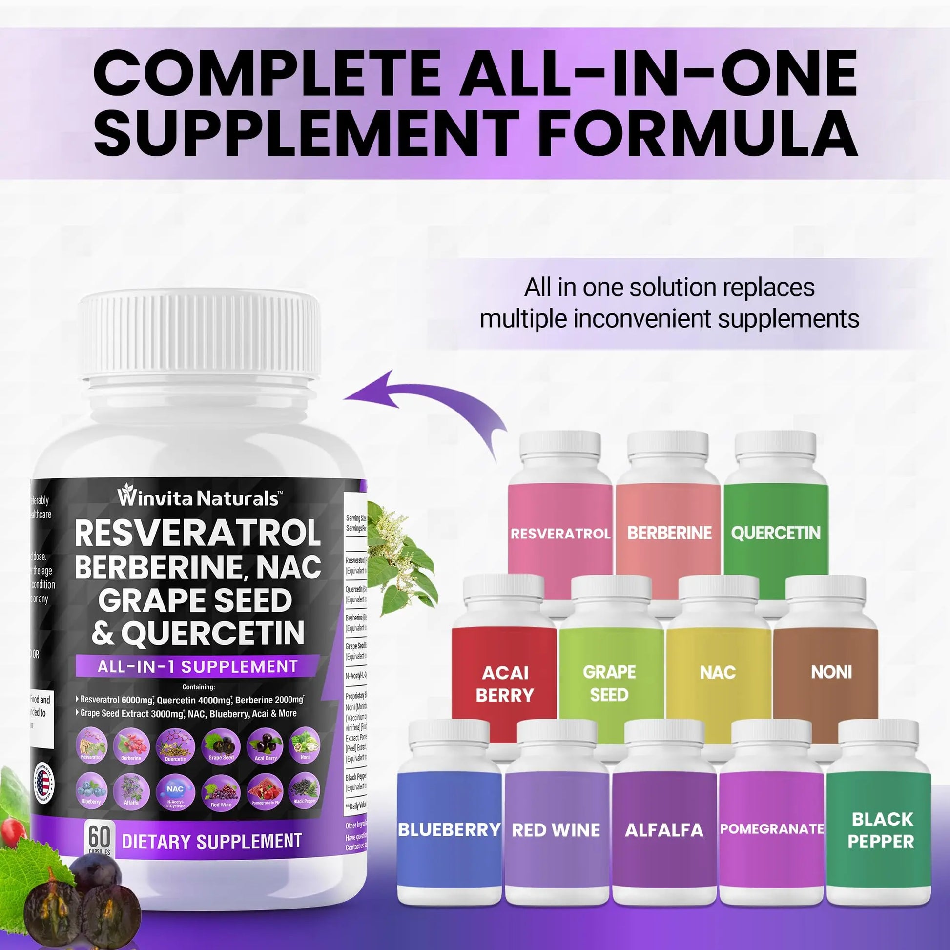 Resveratrol 6000mg Quercetin 4000mg Berberine 2000mg Grape Seed Extract 3000mg Winvita Naturals Au supplements