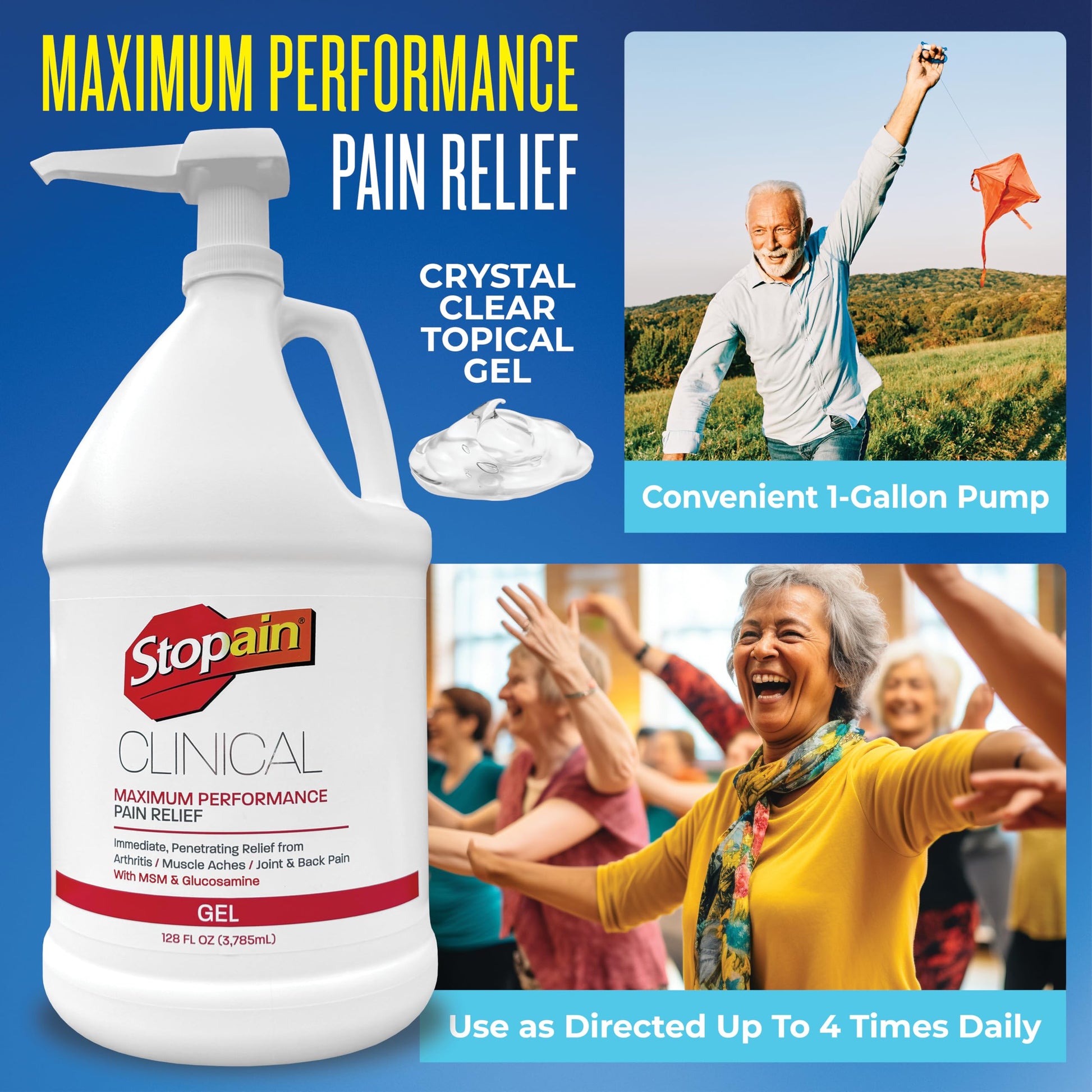 Stopain Clinical Pain Relief Gel 1 Gallon - Professional Formula for Arthritis, Knee, Back & Muscle Pain - Maximum Strength Gel for Joint & Nerve Pains with 10% Menthol Plus Glucosamine - Made in USA Stopain Au supplements
