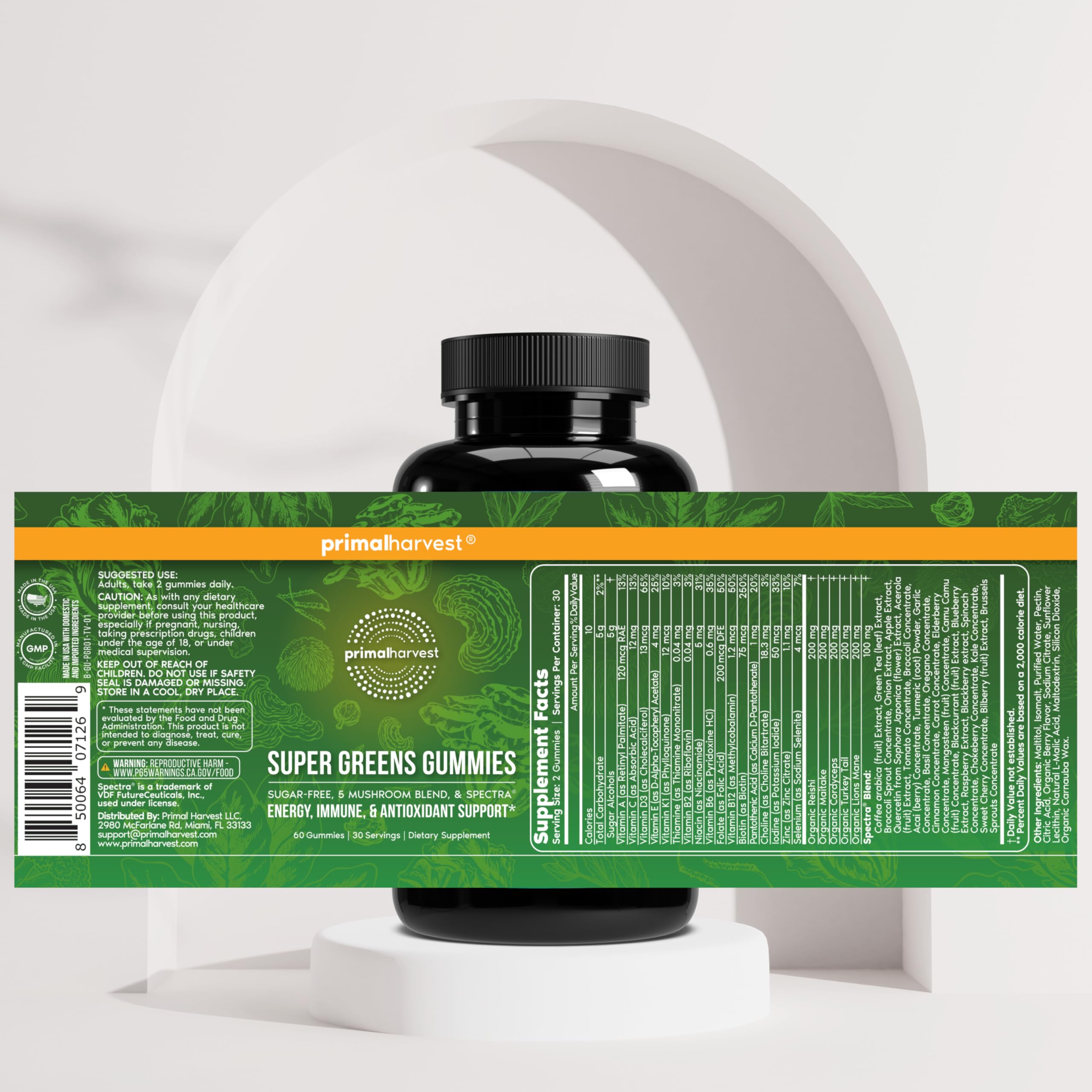 Primal Harvest Super Greens Gummies, Superfood Blend with Adaptogenic Mushrooms Vitamins & Nutrient-Rich Minerals & Antioxidants for Energy & Immune Support 1 Pack 60 Count, Primal Harvest Au supplements