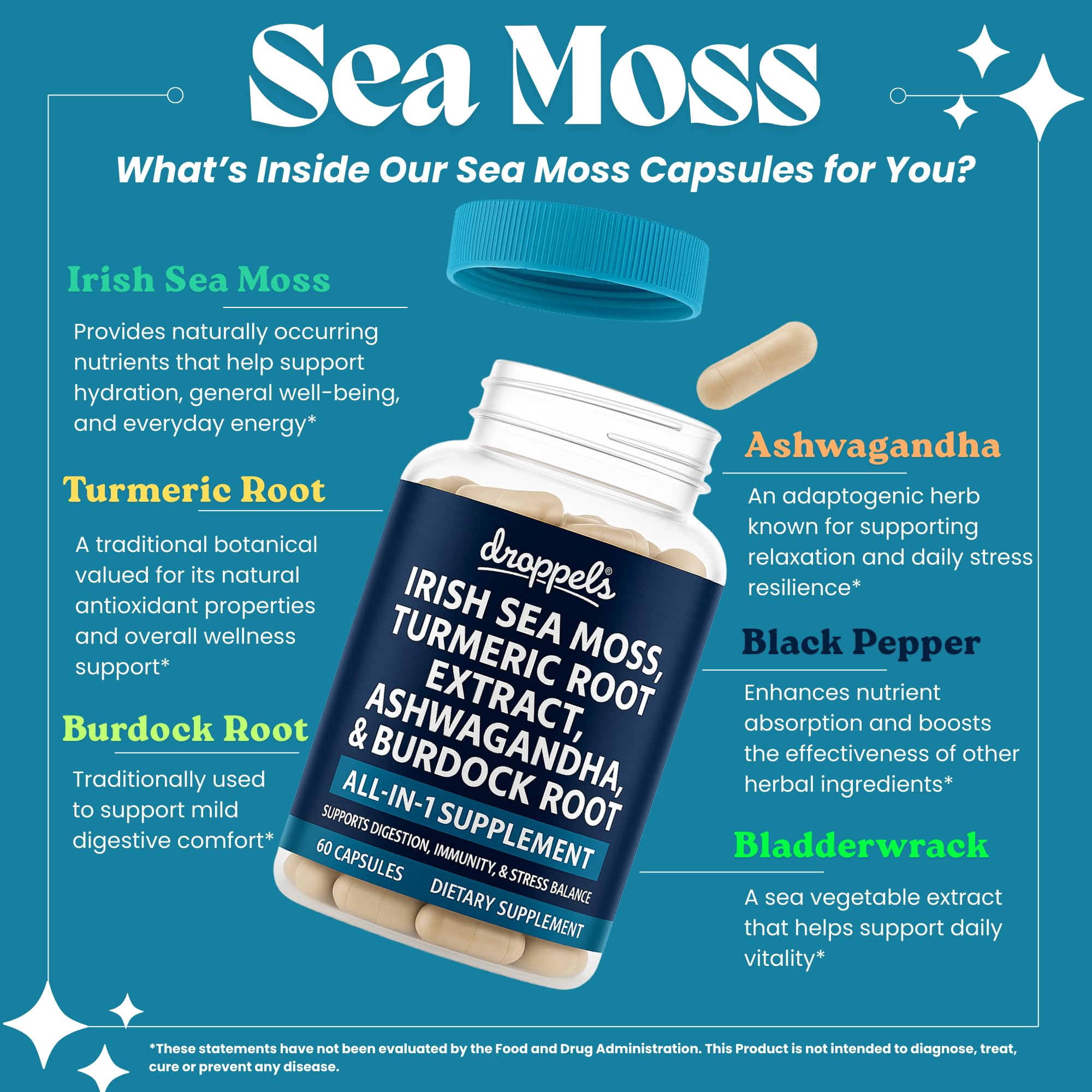 Droppels Irish Sea Moss Capsules with Turmeric Root, Ashwagandha, Black Pepper & Burdock Root – Natural Mineral Blend for Immune, Digestion, Joint & Energy Support – Vegan, Non-GMO – 60 Capsules Droppels Au supplements