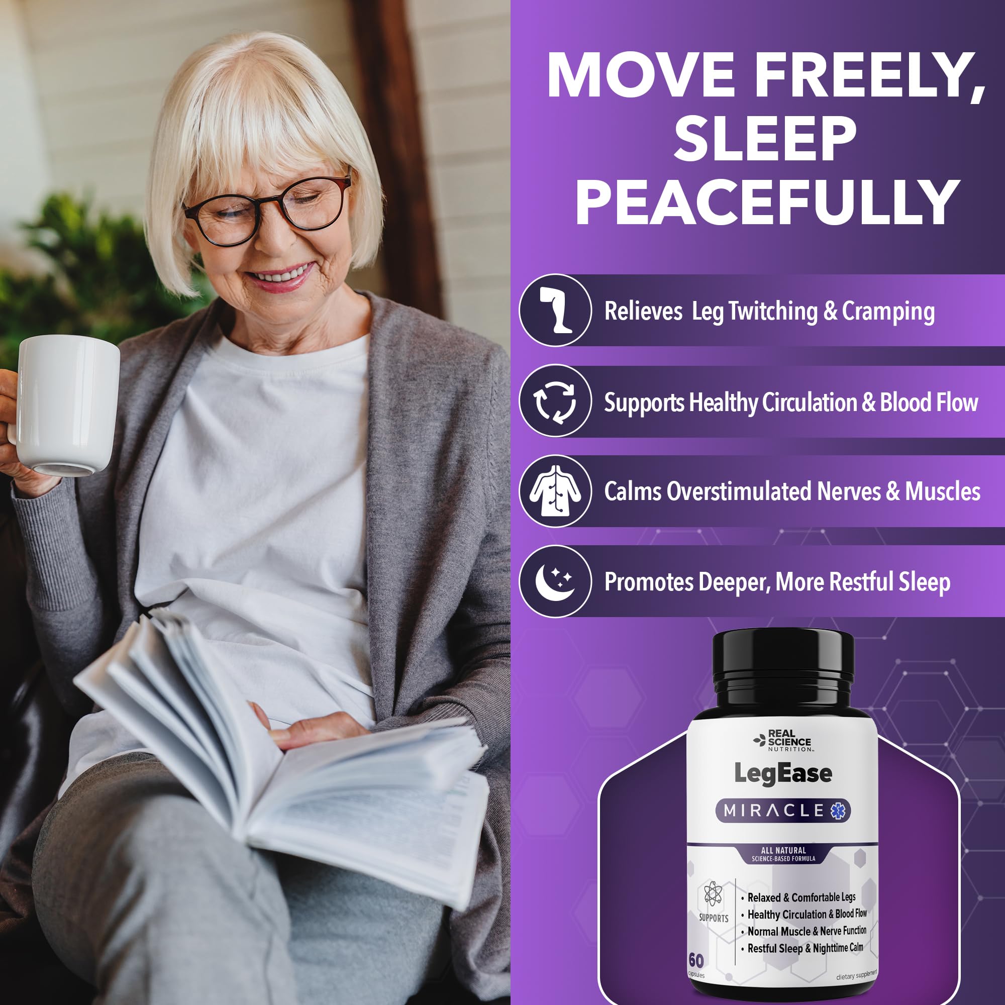 Real Science LegEase Miracle – All Natural Restless Legs Syndrome Relief & Leg Cramp Supplement with Vitamins C, D, K, B6, B12 + Nitric Oxide Support – Sleep & Circulation Aid – Made in USA, 60 Caps Real Science Nutrition Au supplements