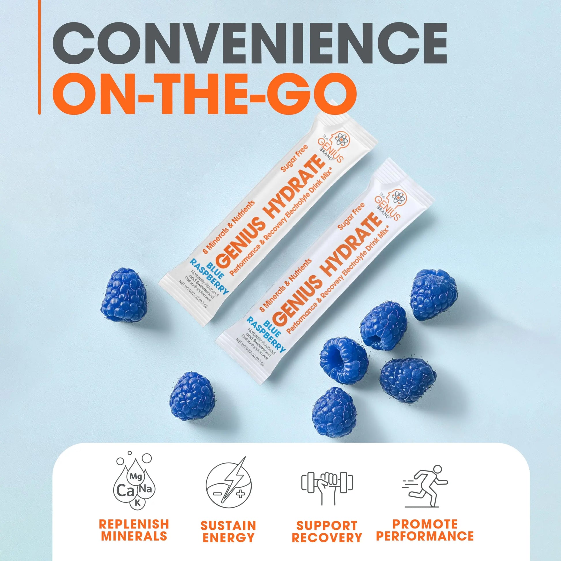 The Genius Brand - Genius Hydrate Stick Pack Powder Drink Mix – Blue Raspberry Flavor, Natural Electrolyte Booster with Coconut Water & Potassium for Ultimate Hydration - 20 Packets The Genius Brand Au supplements