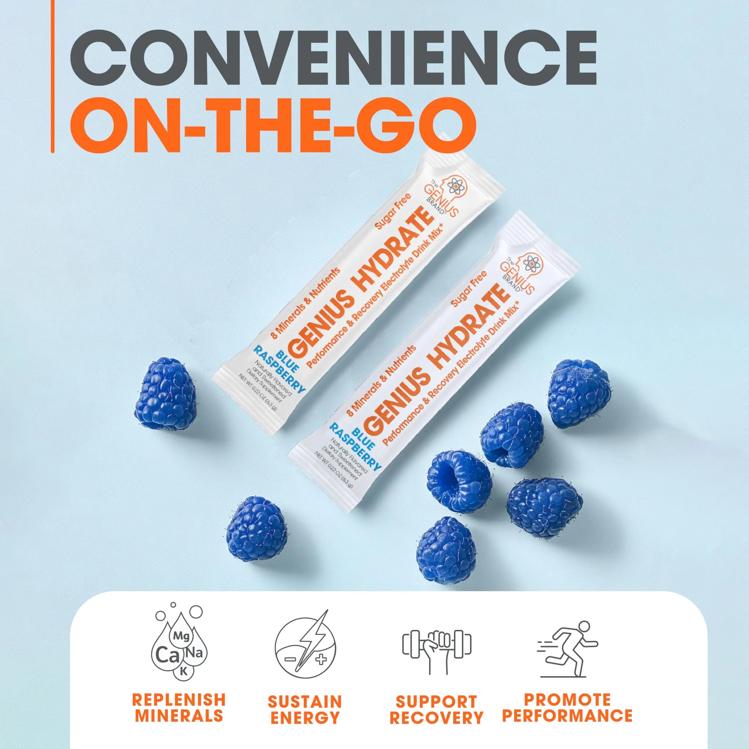 The Genius Brand - Genius Hydrate Stick Pack Powder Drink Mix – Blue Raspberry Flavor, Natural Electrolyte Booster with Coconut Water & Potassium for Ultimate Hydration - 20 Packets The Genius Brand Au supplements