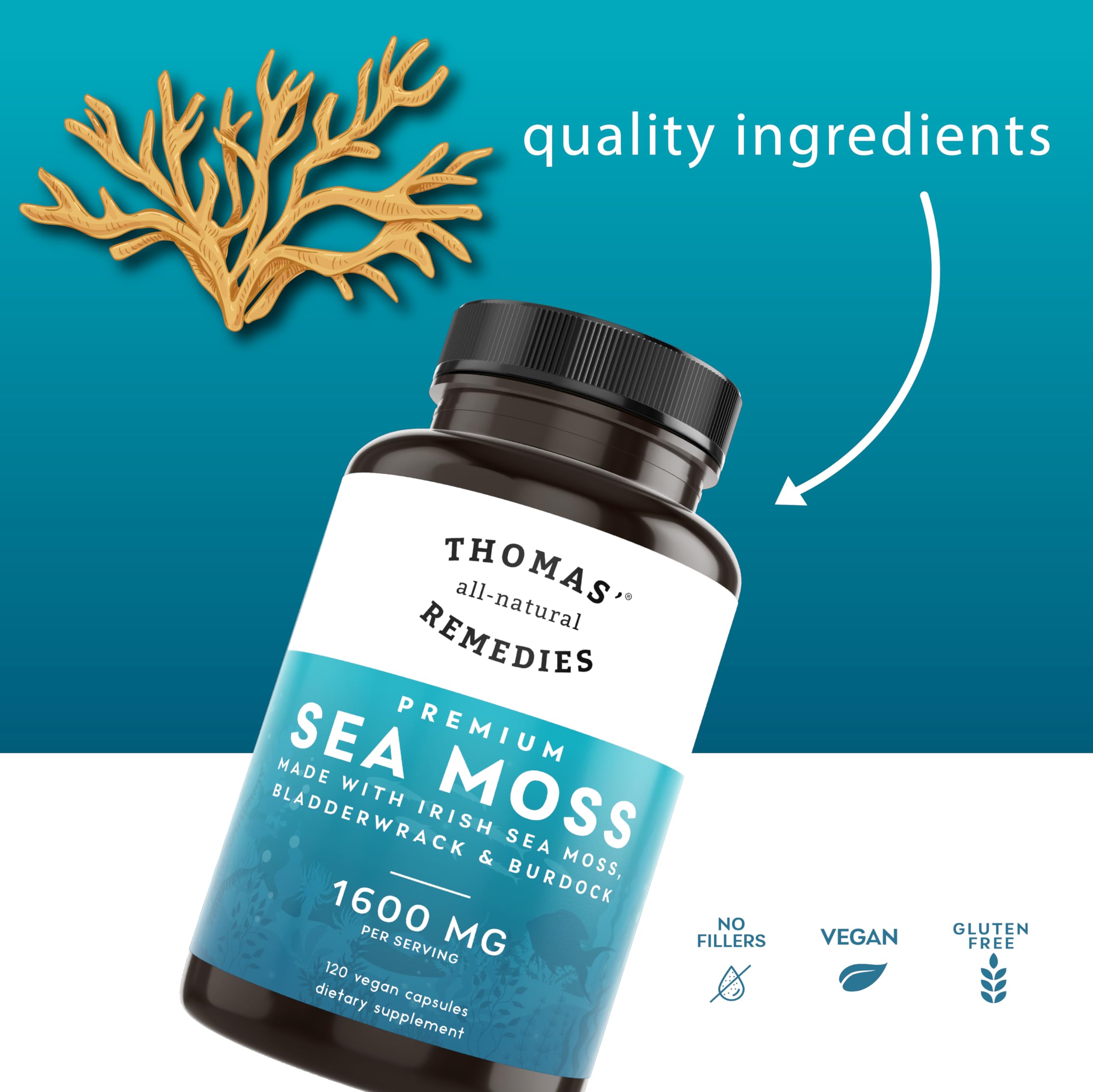 Thomas' all-natural Remedies Irish Sea Moss Capsules, Sea Moss with Bladderwrack & Burdock Root Organic for Gut Health, Digestion, Energy & Immune Support, 120 Seamoss Pills Thomas' all-natural Remedies Au supplements