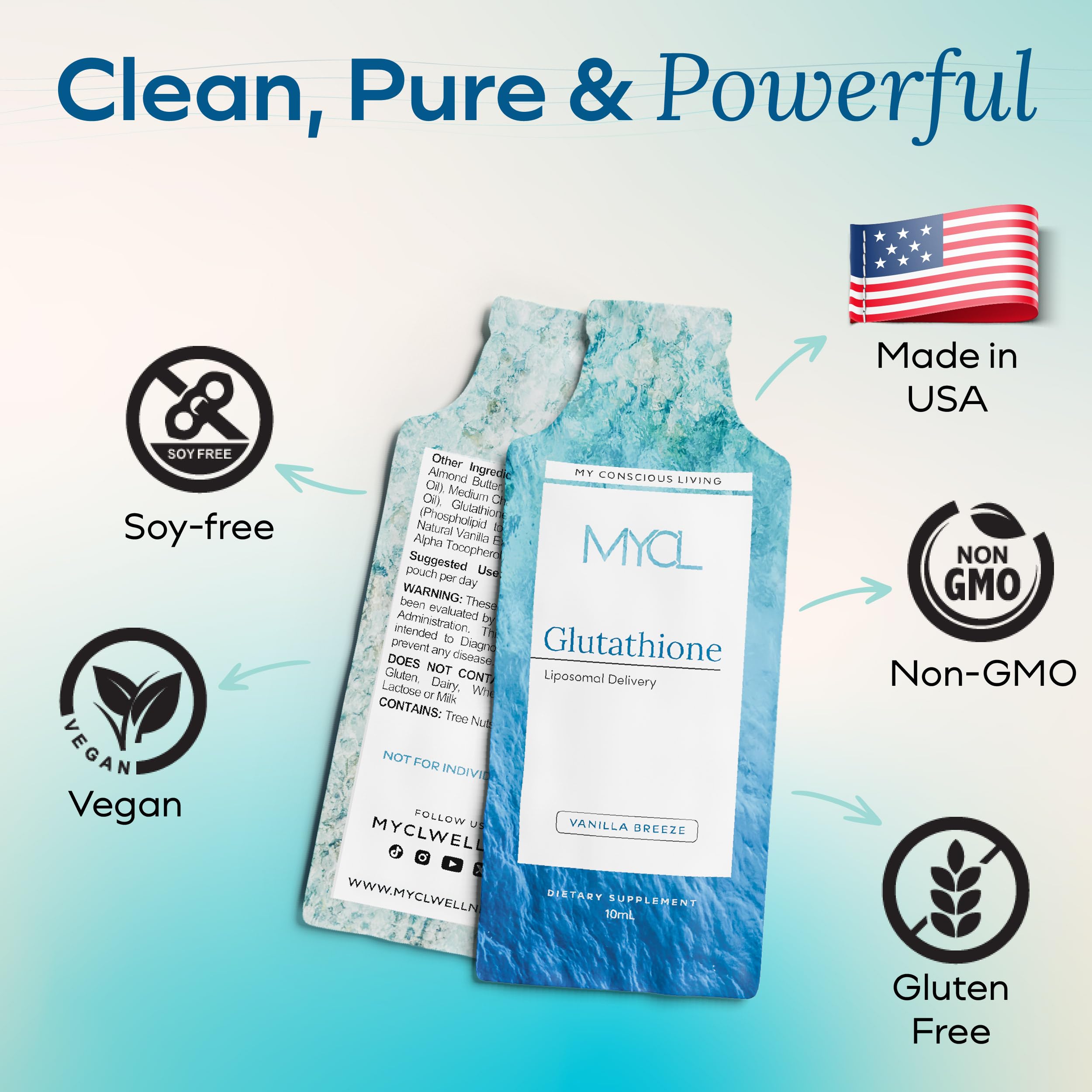 MYCL Liposomal Glutathione Supplement Squeeze Packs – Vitamin E and MCT Oil – Skin, Hair and Nail Health– High Absorption - Vanilla Almond – 30 Single-Serve Packets MYCL Au supplements
