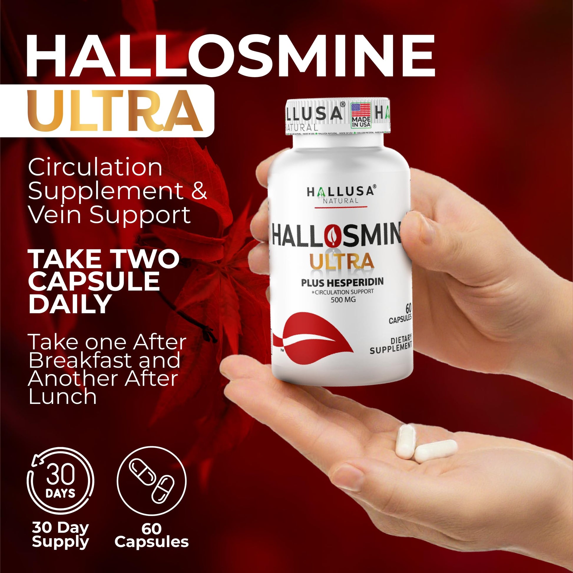 Hallusa Natural Hallosmine Ultra Diosmin 500mg & Hesperidin 150mg – Heavy Legs, Swelling & Vein - Blood Circulation Supplements, 60 Caps Hallusa Natural Au supplements