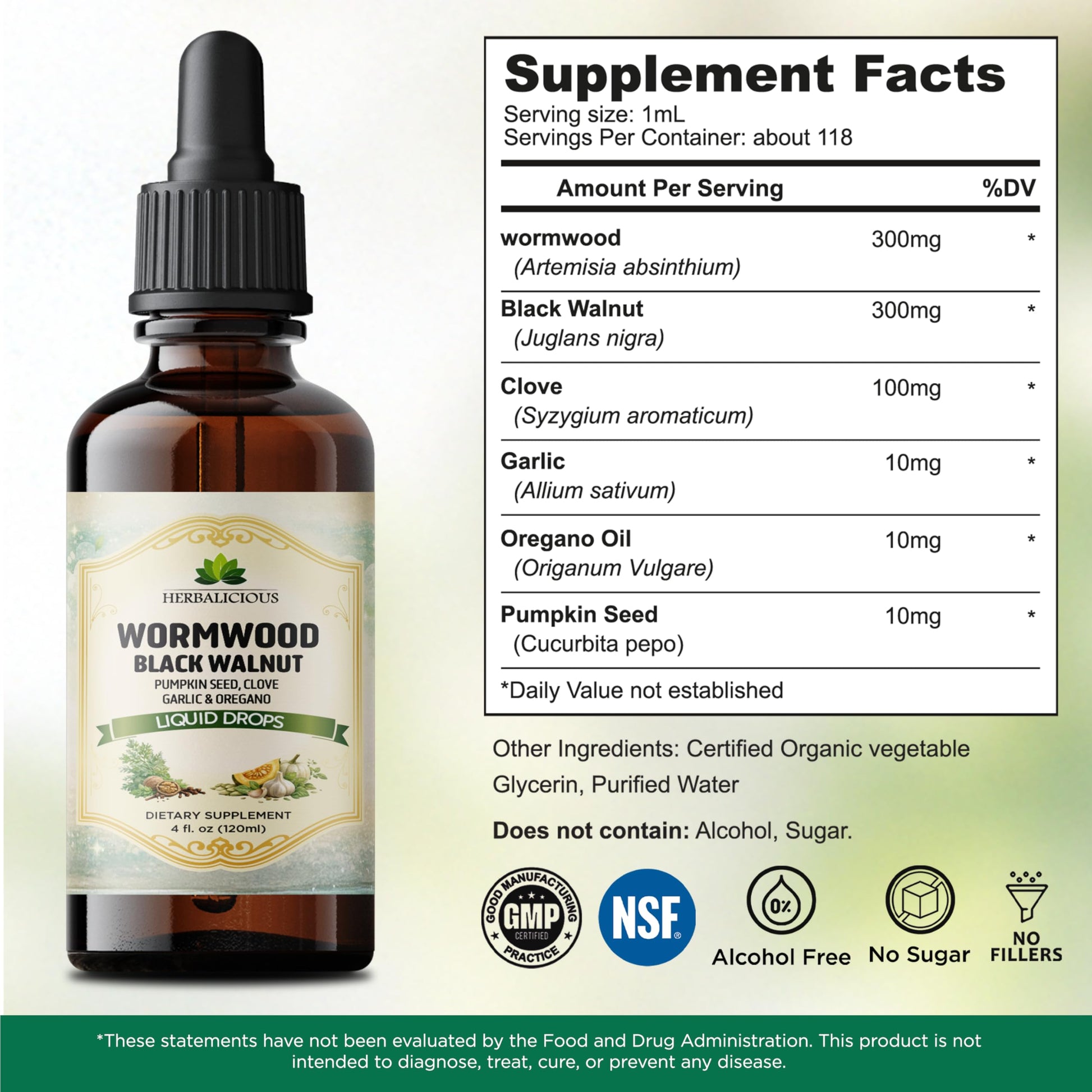 HEBRALICIOUS Wormwood Black Walnut Liquid Drops – Herbal Blend with Pumpkin Seed, Clove, Garlic & Oregano Oil – Alcohol Free Herbal Tincture – Liquid Dietary Supplement, 4 fl oz (120ml) HERBALICIOUS Au supplements