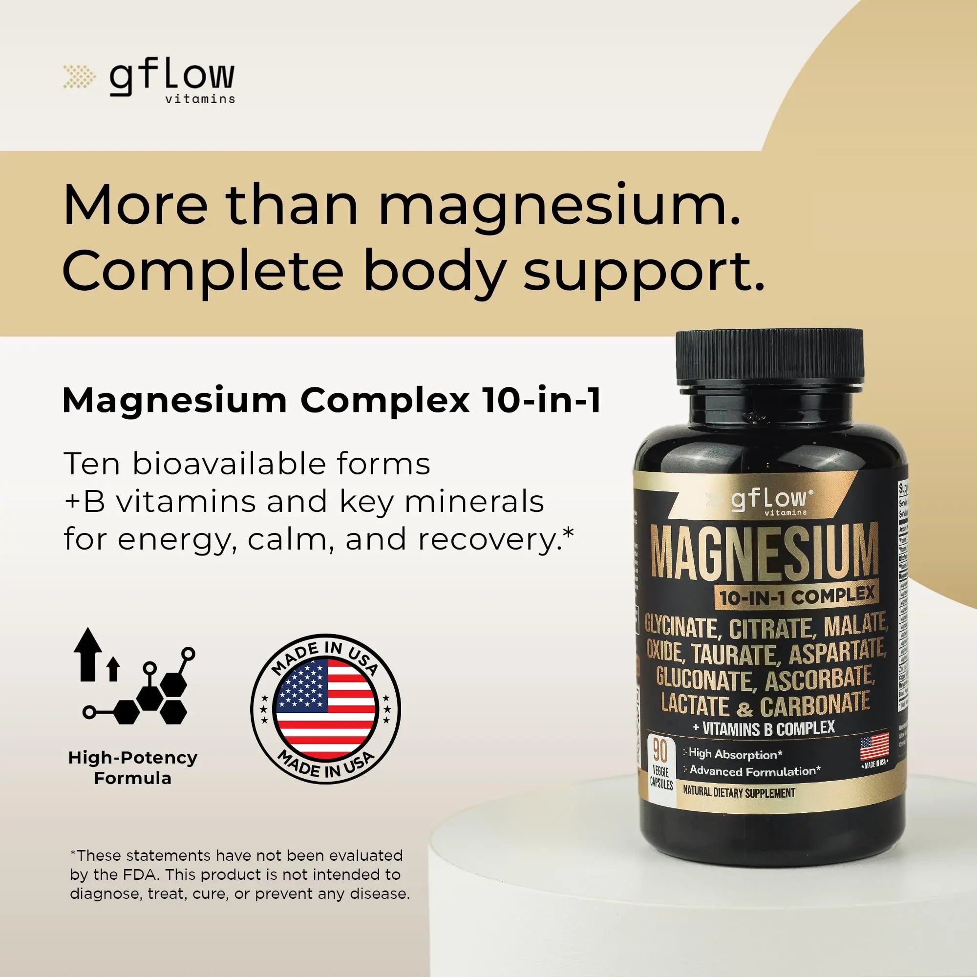 gflow vitamins Magnesium Complex Supplement - 10 Active Forms, Glycinate, Citrate, Malate, Oxide, Taurate, Aspartate, Gluconate, Ascorbate, Lactate, Carbonate, Plus More with Vitamin C B1 B2 B6 B12 gflow vitamins Au supplements