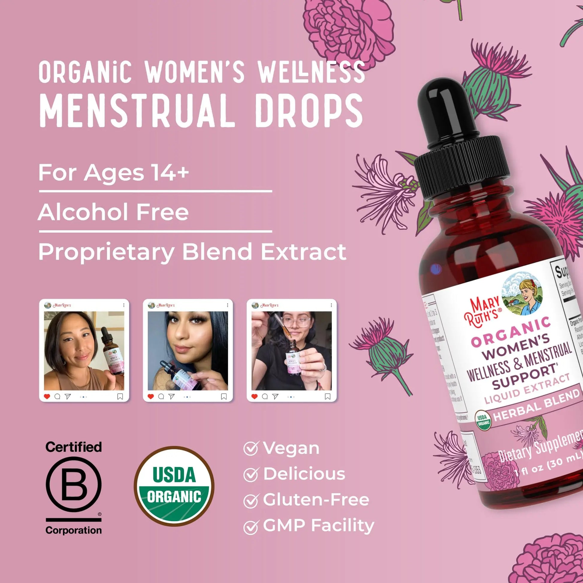 MaryRuth Organics USDA Organic Women's Wellness Liquid Herbal Supplements | Includes Stinging Nettle, Raspberry Leaf, Eleuthero Root, Chaste Tree Berry | Menstrual Support | Non-GMO, Vegan MARYRUTH'S Au supplements