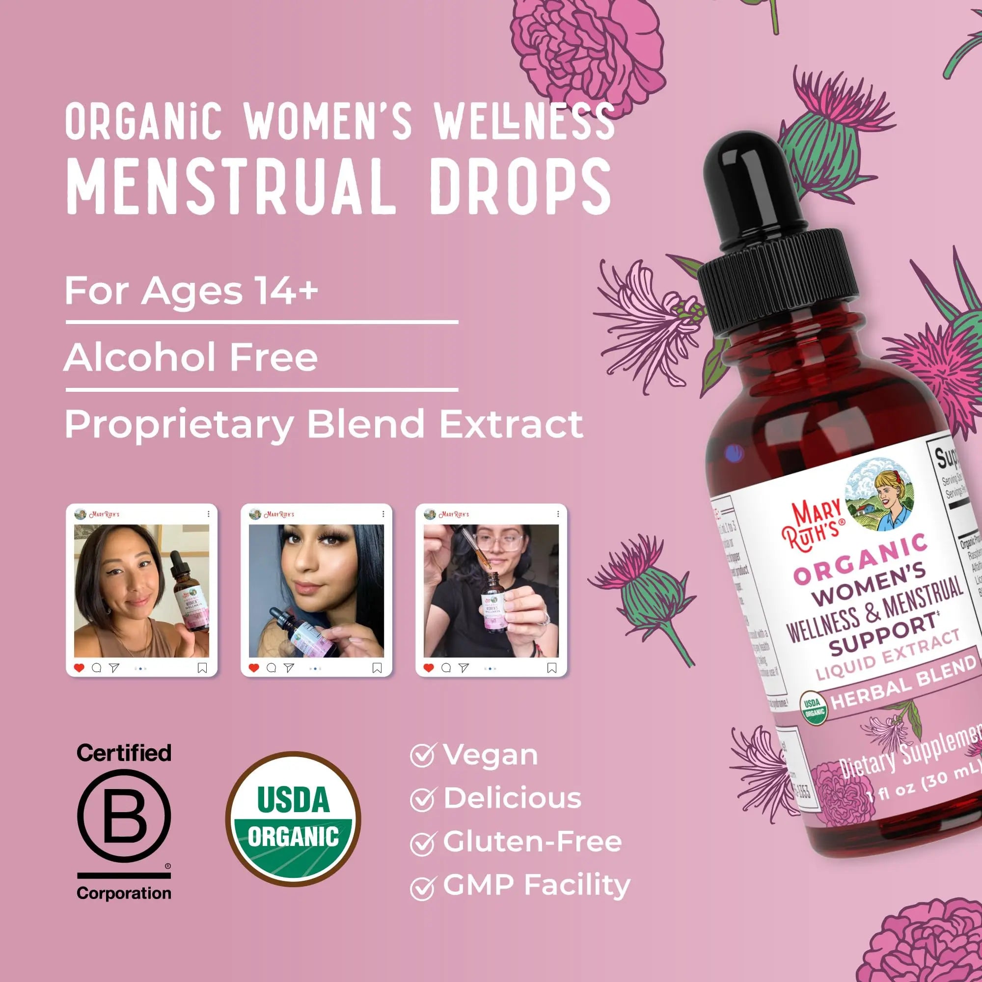 MaryRuth Organics USDA Organic Women's Wellness Liquid Herbal Supplements | Includes Stinging Nettle, Raspberry Leaf, Eleuthero Root, Chaste Tree Berry | Menstrual Support | Non-GMO, Vegan MARYRUTH'S Au supplements