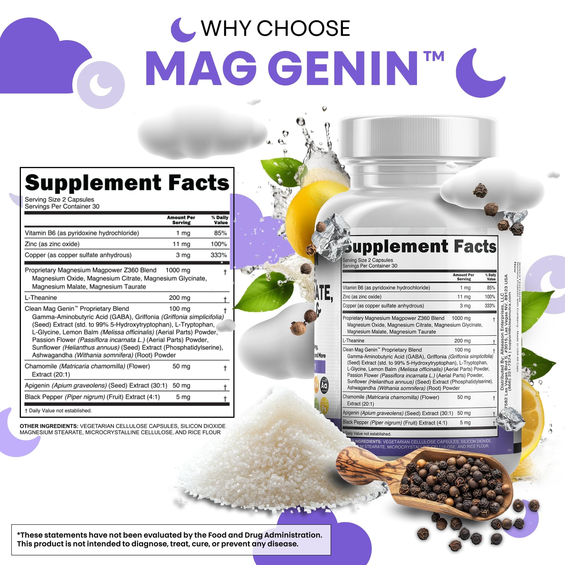 Clean Nutraceuticals Magnesium Glycinate Complex 1000mg with L-Theanine 200mg Apigenin 50mg Citrate Taurate Supplement - 5-HTP GABA Passion Flower Lemon Balm L-Glycine Phosphatidylserine - 60 Count Clean Nutraceuticals Au supplements