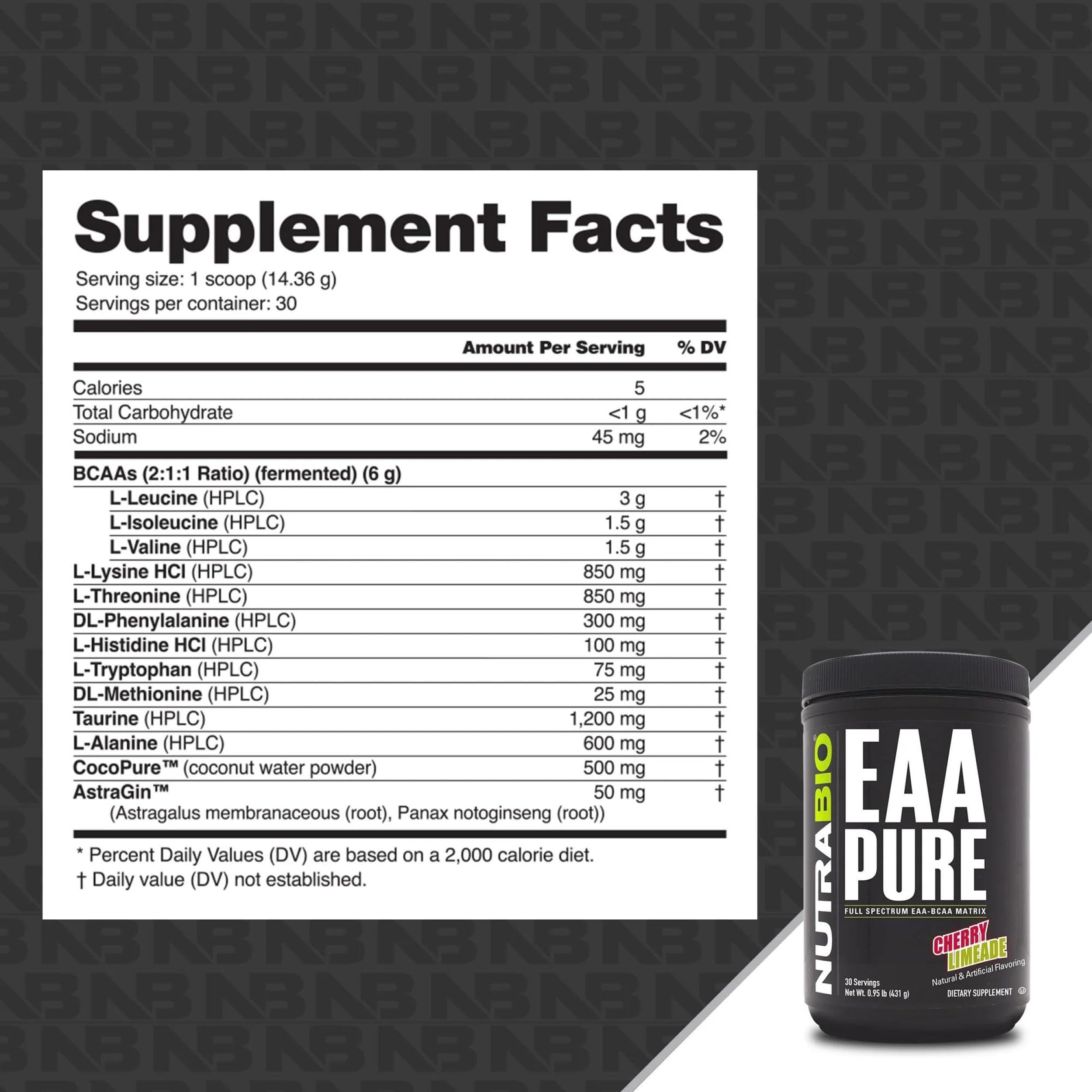 NutraBio – EAA Pure – 9 Amino Acids – Muscle Repair and Recovery, 30 Servings, Cherry Limeade – Pre or Post Workout – All Day Recovery NutraBio Au supplements