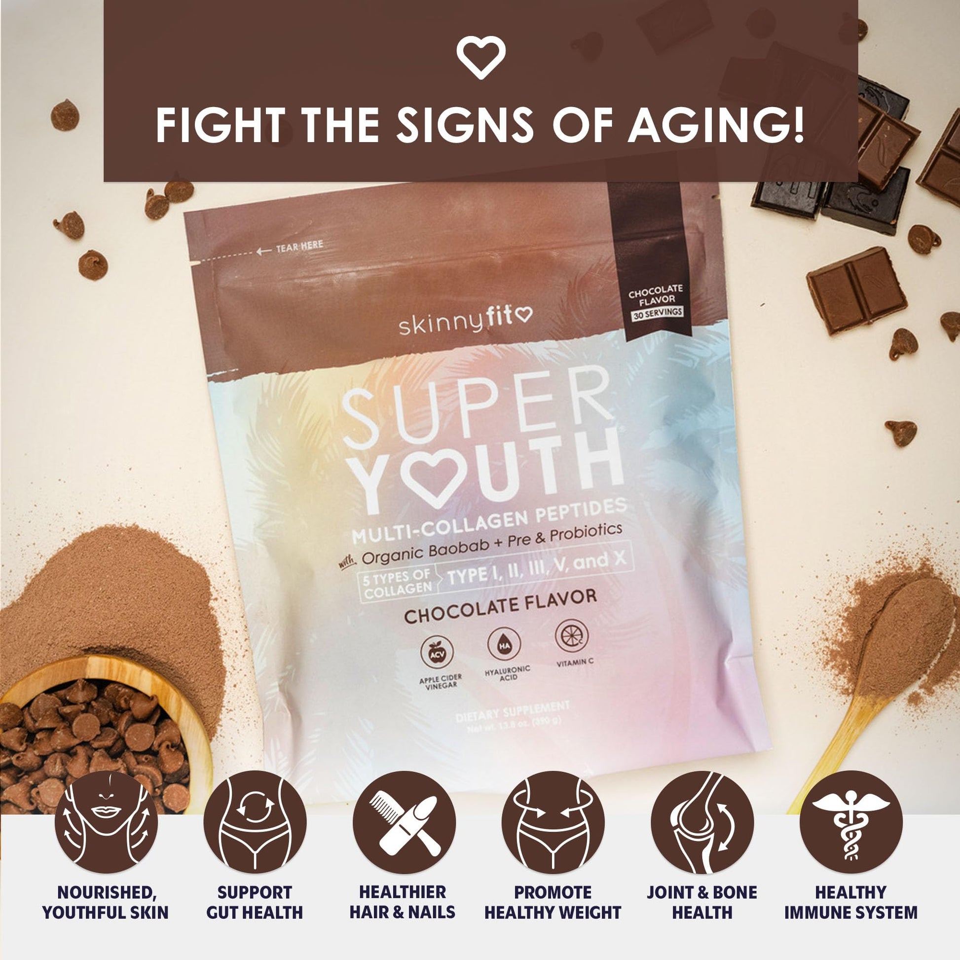 SkinnyFit Super Youth Chocolate Multi-Collagen Peptides + Probiotics, Baobab Fiber SkinnyFit Au supplements