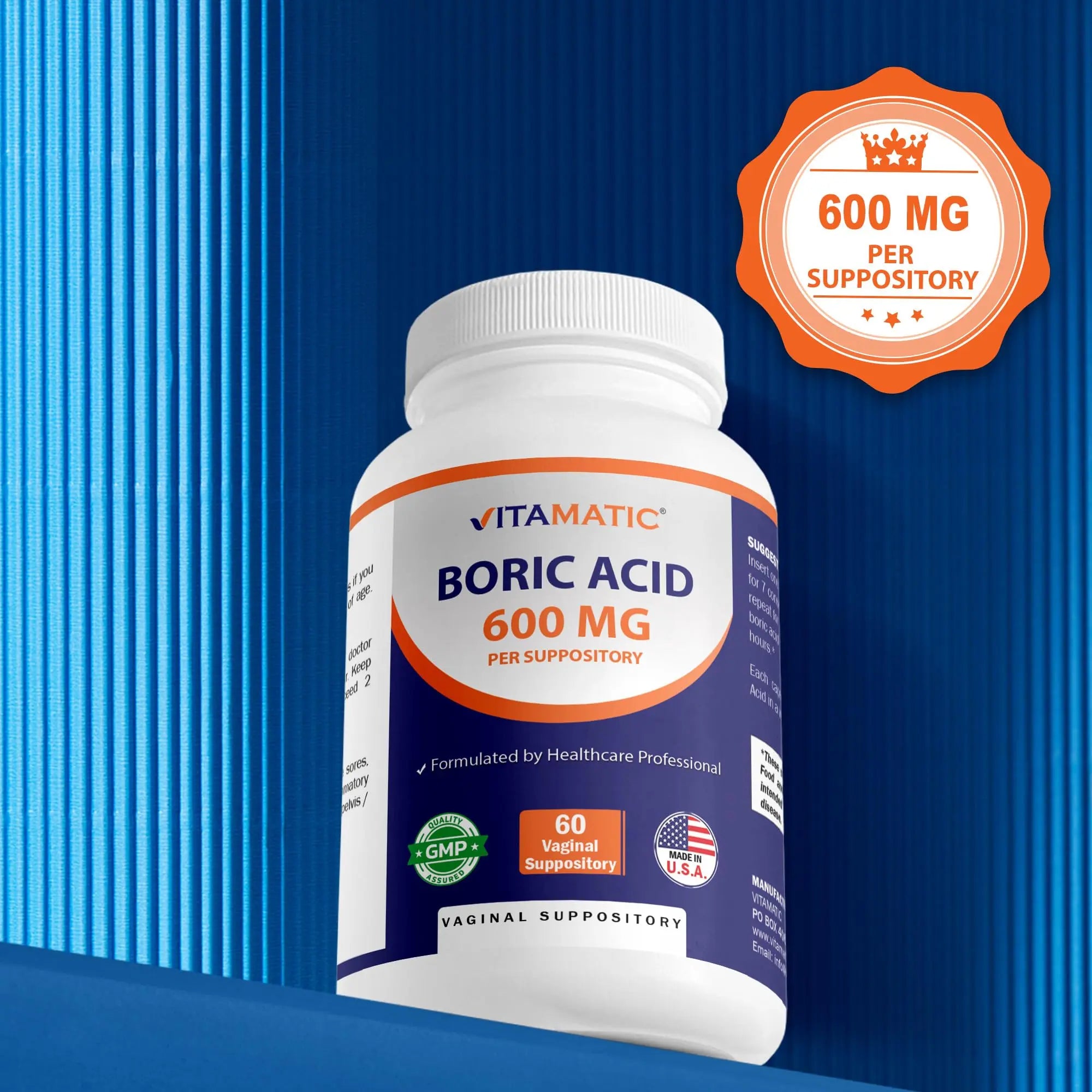 Vitamatic Boric Acid Vaginal Capsule Shell Suppositories 600 mg USP Grade Boric Acid in Vegetarian Capsule Shell - 60 Count Vitamatic Au supplements