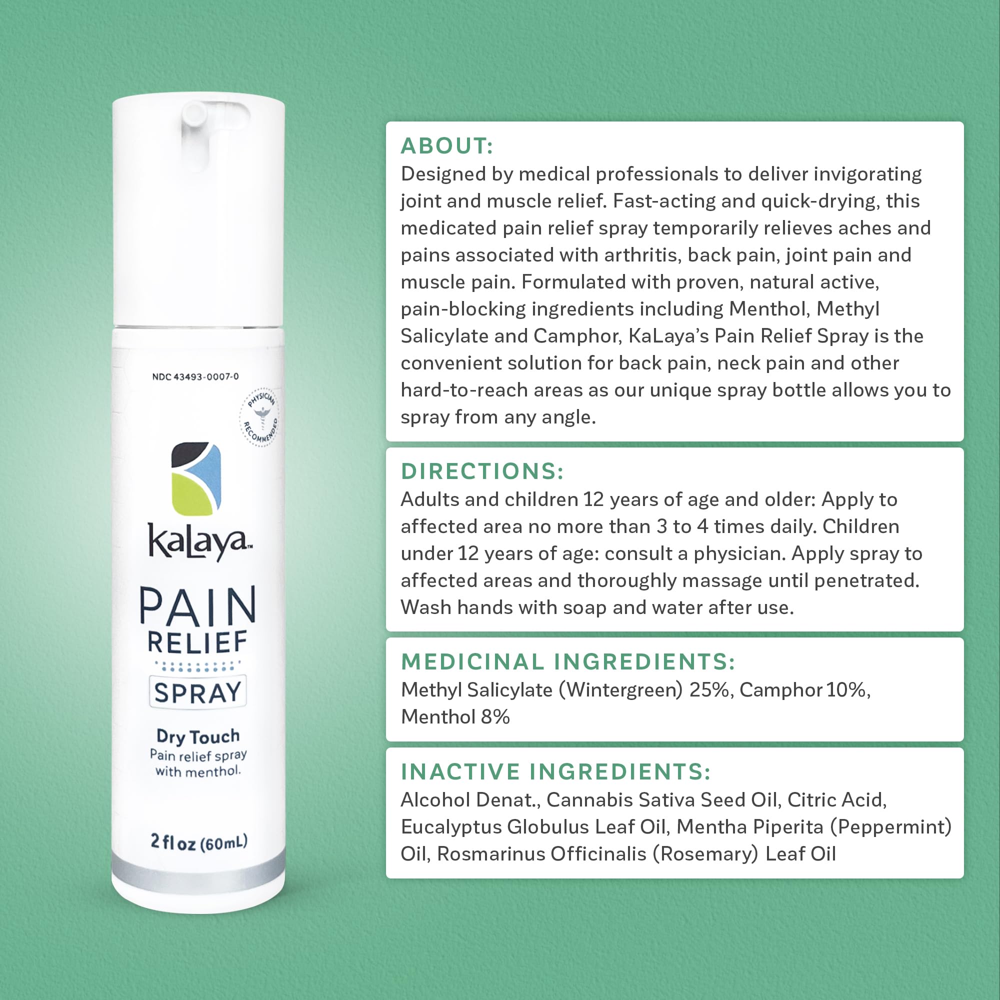 Kalaya Pain Relief Spray - Fast-Acting, Quick-Drying Muscle Rub for Joint Pain Relief and Muscle Pain - with Eucalyptus, Menthol, Methyl Salicylate, Camphor - Ideal for Easing Back Pain - 2 oz Kalaya Naturals Au supplements