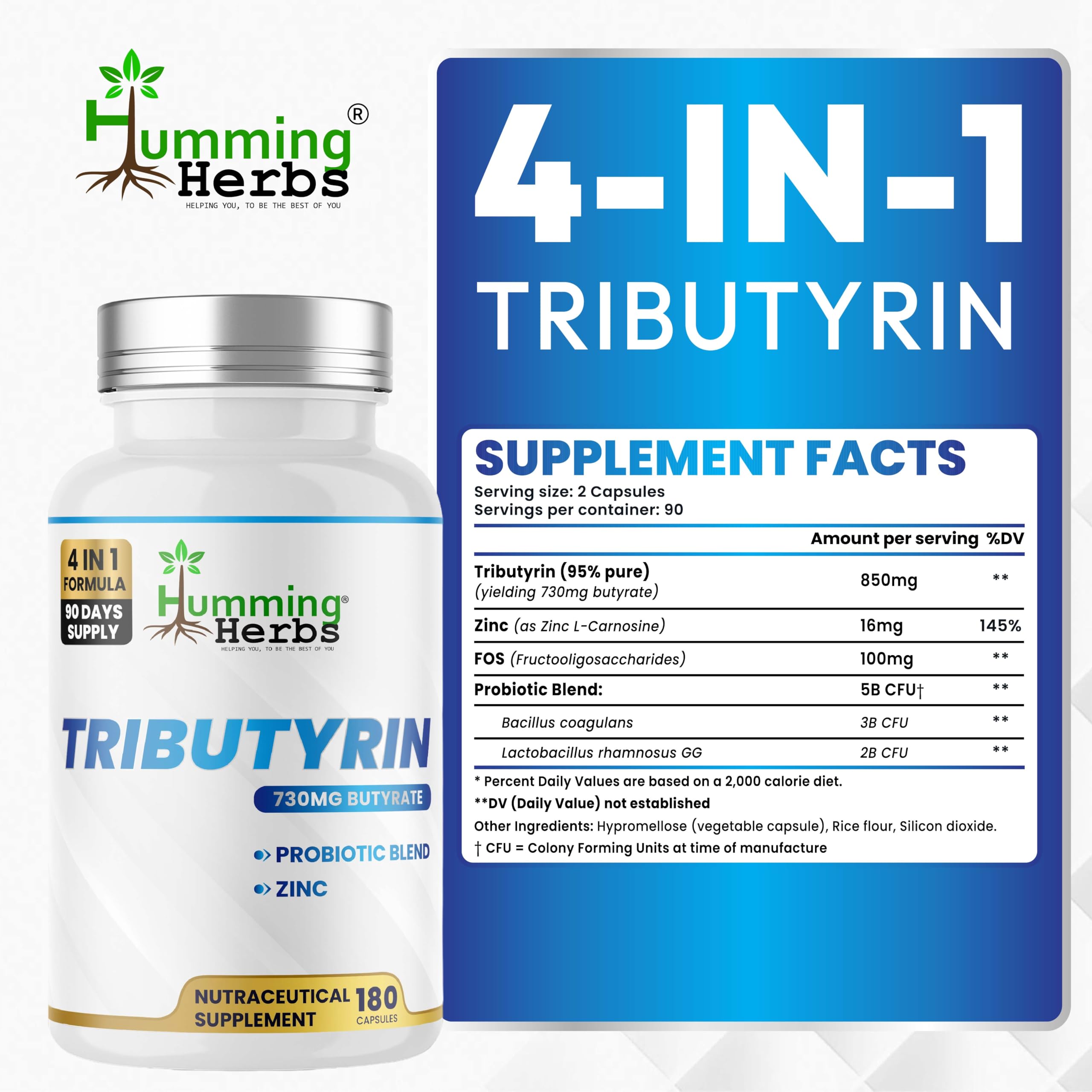 Humming Herbs Tributyrin Complex — 850 mg per Serving (95% Pure, yielding 731 mg Butyrate) with L-Glutamine, Zinc L-Carnosine, FOS & Probiotic Blend (180) Humming Herbs Au supplements