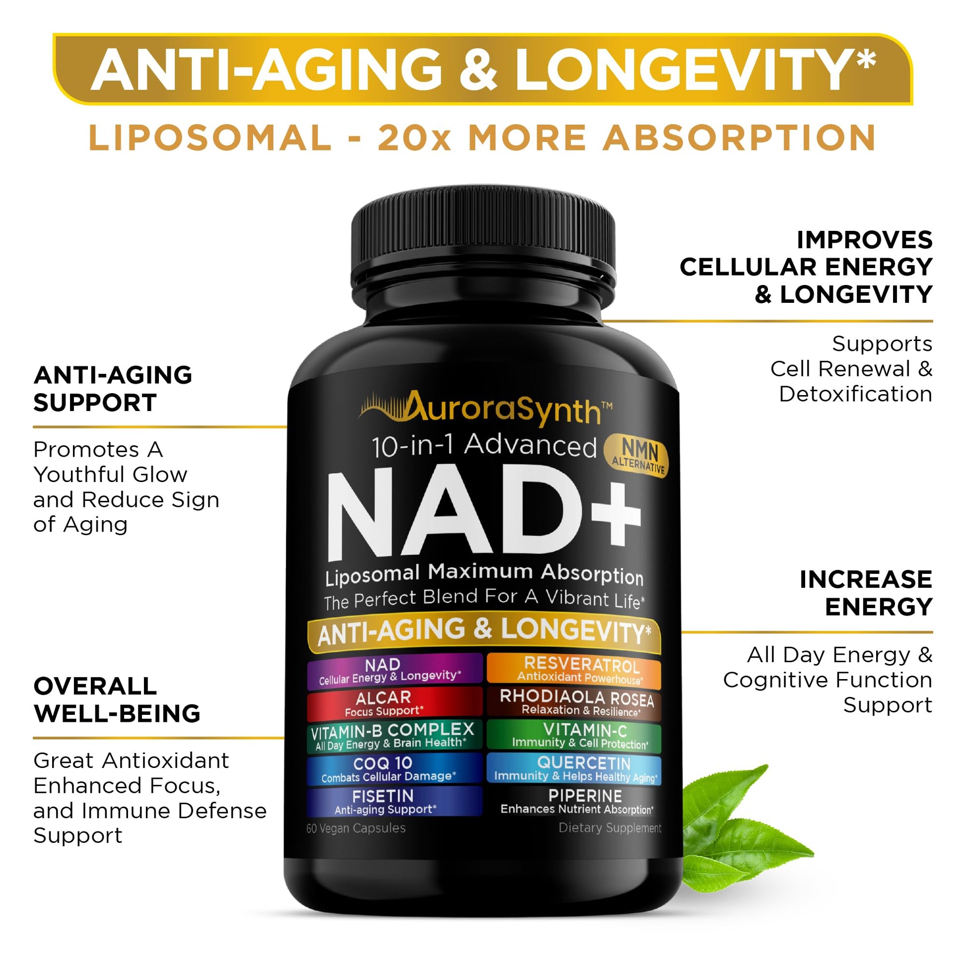 NAD+ Supplement Liposomal Capsules - Max Absorption for Cellular Energy, Healthy Aging, Brain Function & DNA Health - Vegan, Non-GMO, Gluten-Free Supplement - 60 Capsules - Supports NAD Levels AuroraSynth Au supplements
