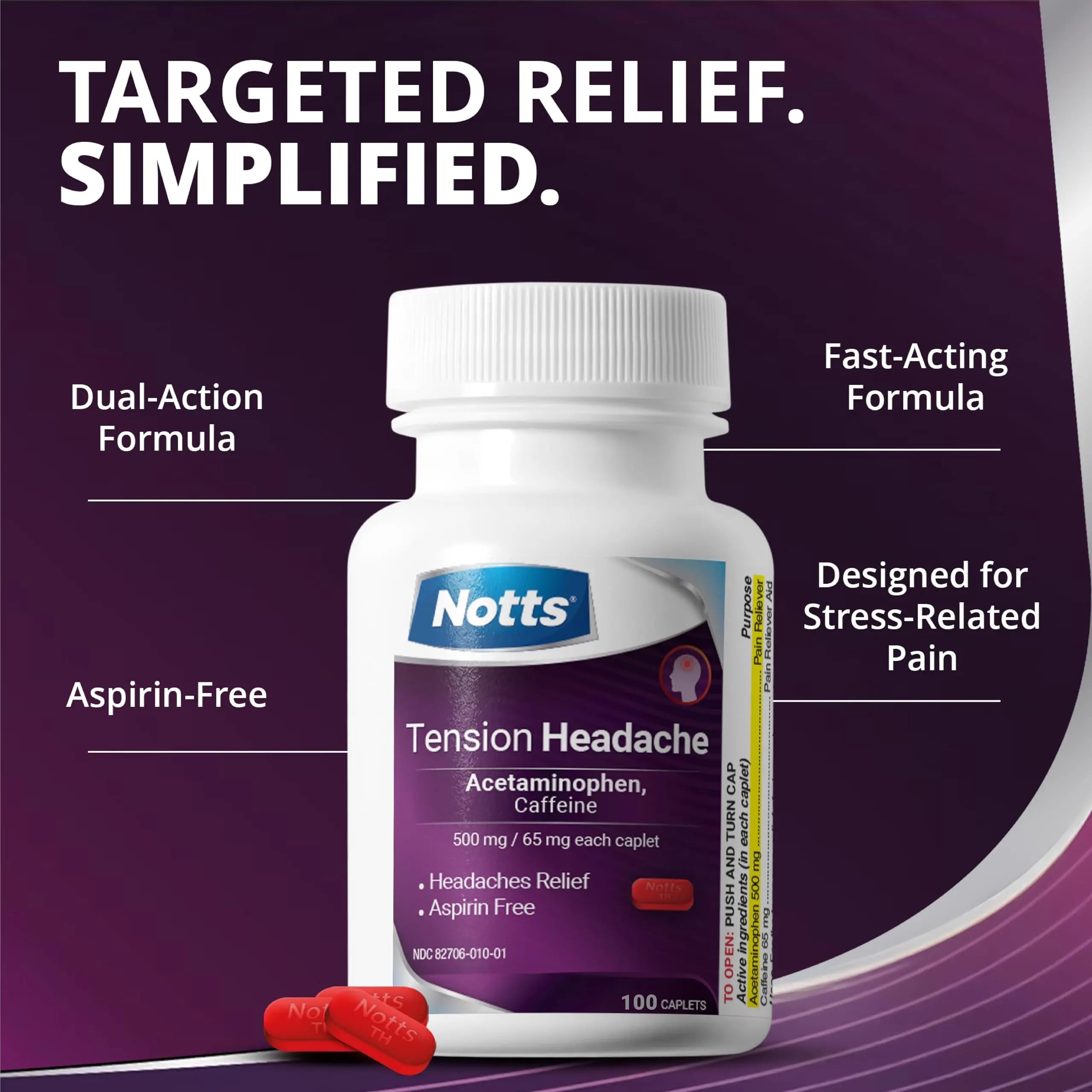 NOTTS Tension Headache Relief Without Aspirin for Head, Neck & Shoulder Pain - 100 Count, Acetaminophen 500 mg Caffeine 65 mg Caplets, for Aches Caused by Tension and Stress. Headache Relief caplets NOTTS Au supplements