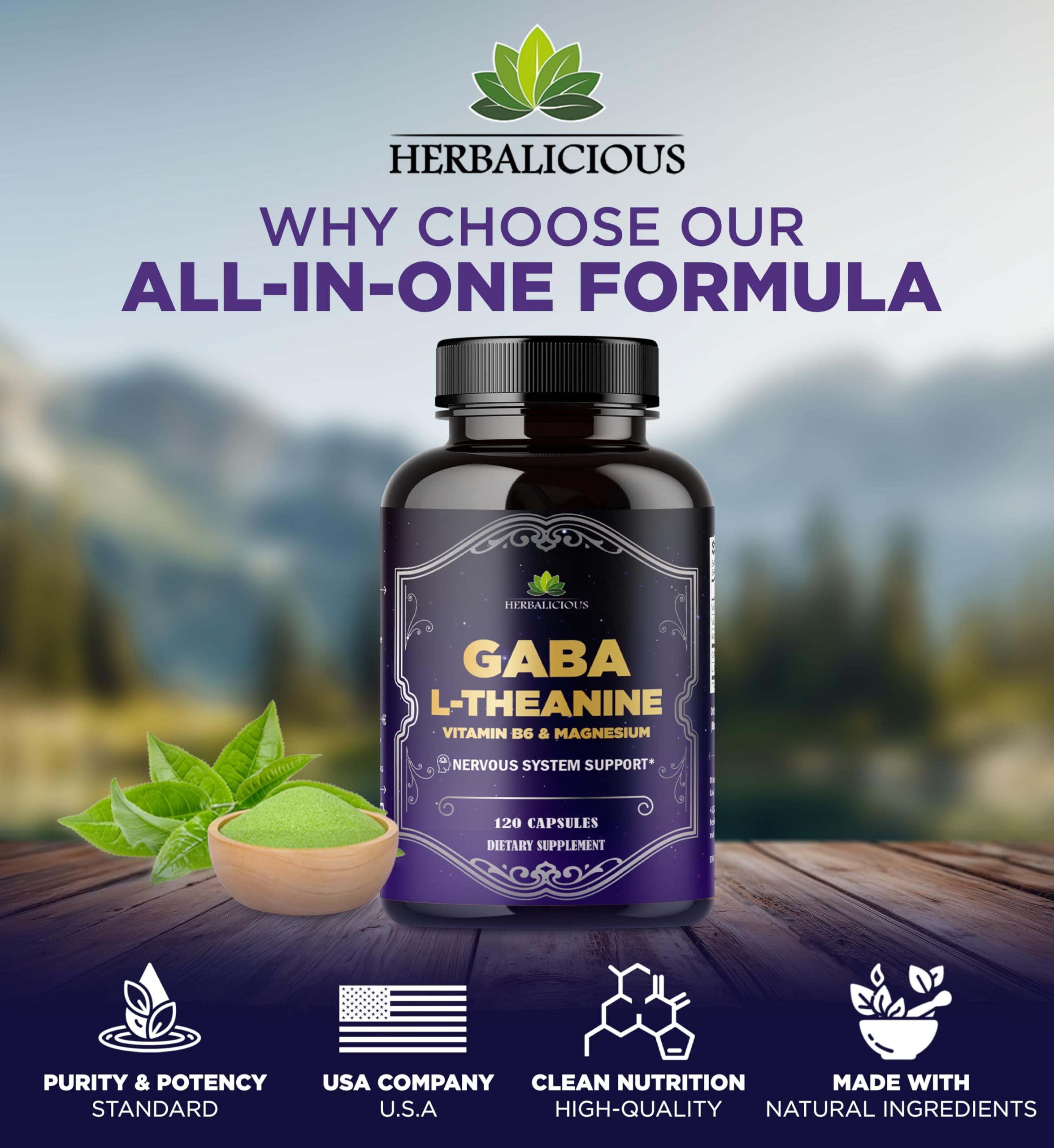 HERBALICIOUS GABA L-Theanine with Magnesium – Calm & Focus Support, Stress Relief, Relaxation + Mood Balance, Brain & Memory Support Supplement – Vitamin B6 + B12 Complex – 120 Capsules HERBALICIOUS Au supplements