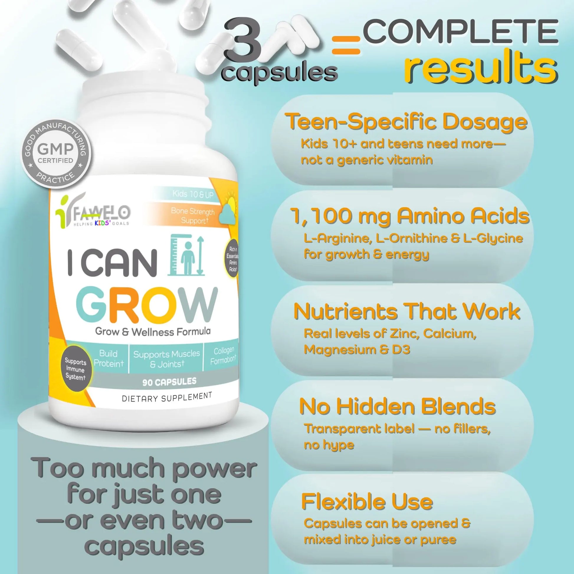 I Can Grow (3 Pack) Height Boosters for Kids 10+, Teen Vitamins for tru Height - Natural Growth Supplement for Optimal Development - Supports Bone Strength and Immune Health with Colostrum Fawelo Au supplements