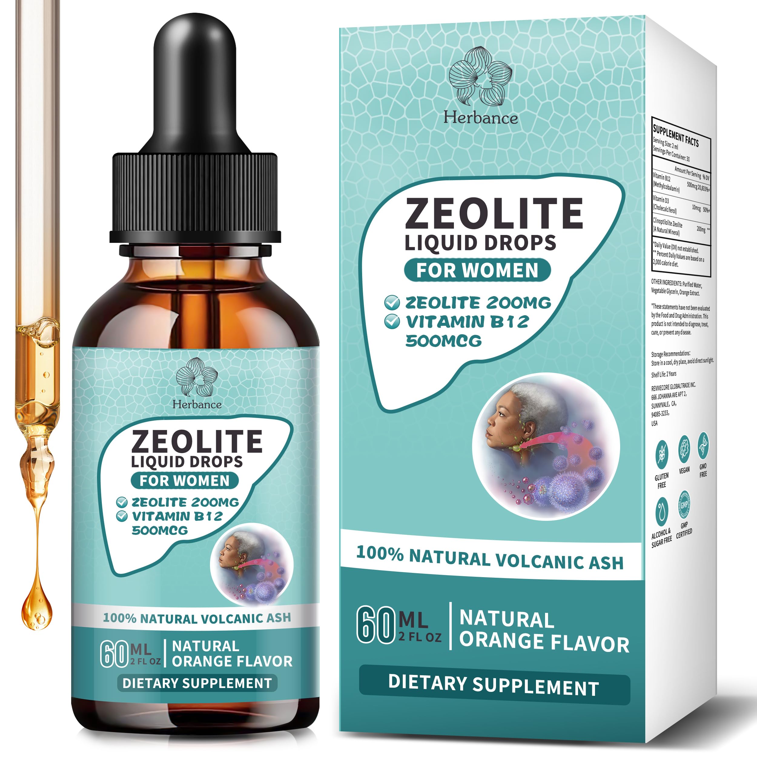 Zeolite Drops for Women,Adults and Kids- Clinoptilolite Zeolite Liquid Drops with Vitamin B12 & D3 - Heavy Metal Support, Immune Health, Natural Metabolism, Energy & Clear Skin - 30 Day Vegan Supply Herbance Au supplements