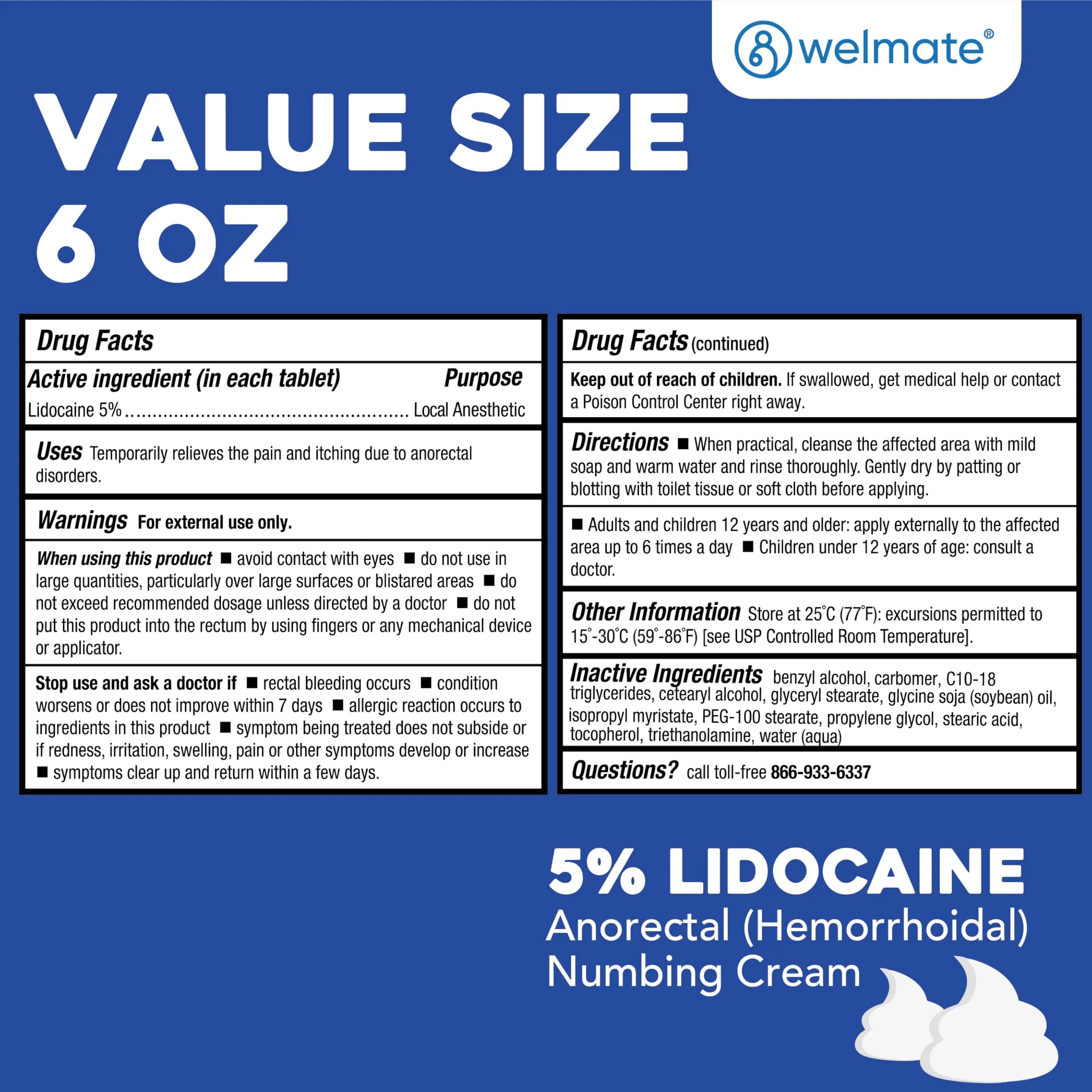WELMATE 5% Lidocaine Cream for Hemorrhoids, 6 oz Jar – Fast-Acting Lidocaine Numbing Cream & Topical Analgesic Cream for Anorectal Itch Relief WELMATE Au supplements