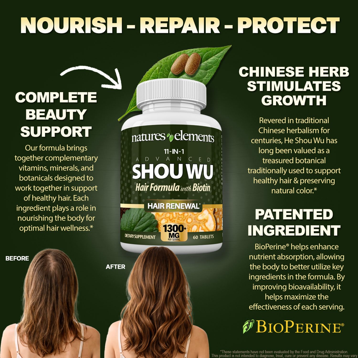 Natures Elements Advanced Shou Wu for Gray Hair – Prepared He Shou Wu for Hair Growth with Biotin, Bioperine, Fo-Ti Root & More – 100% Natural – 60 Tablets – Non-GMO, Gluten-Free Natures Elements Au supplements