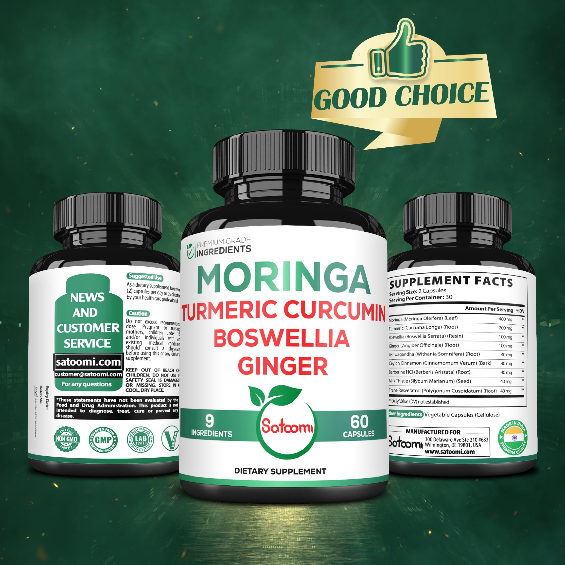 Satoomi 9in1 Moringa Capsules - Featuring Moringa, Turmeric, Boswellia, Ginger, Ashwagandha, Ceylon Cinnamon and Milk Thistle, and Resveratrol | Support Mood, Heart & Overall Health - 60 Count Satoomi Au supplements