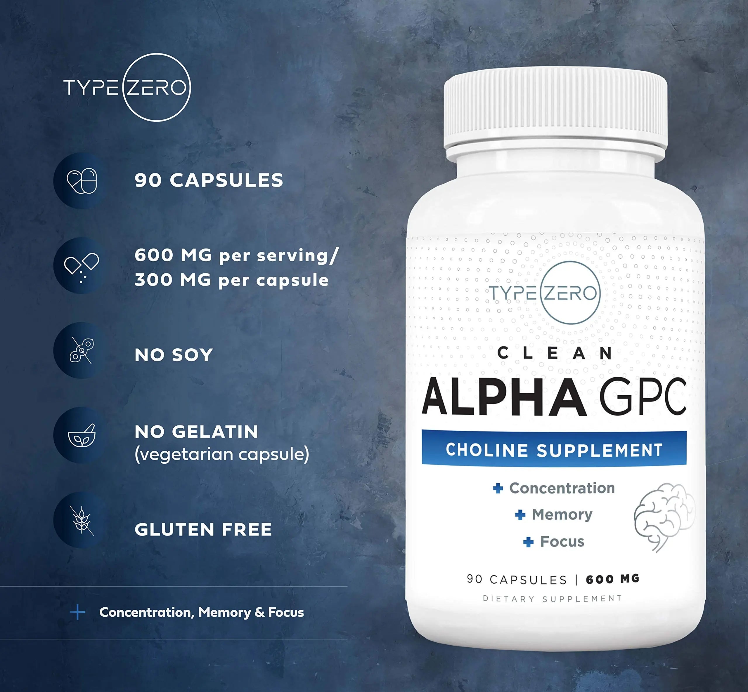 Type Zero Ultra Clean Alpha GPC Choline Supplement (600mg | 90 Capsules) Soy Free, Non-GMO Nootropics Alpha GPC 600mg / 300mg; Alpha-GPC Brain Memory and Focus Supplements Type Zero Au supplements